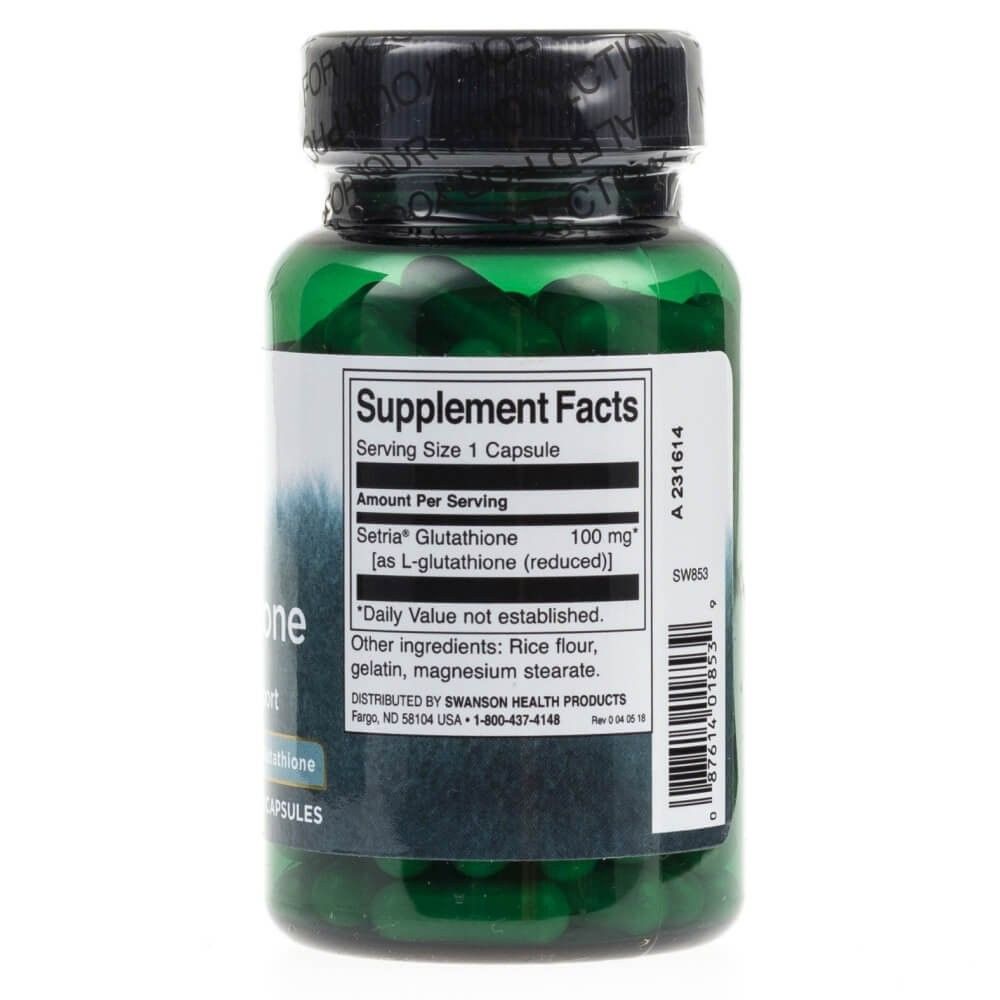 Grüne Kapselbehälter mit schwarzem Deckel. Rückseite zeigt 'Supplement Facts' mit 100 mg L-Glutathion pro Kapsel.