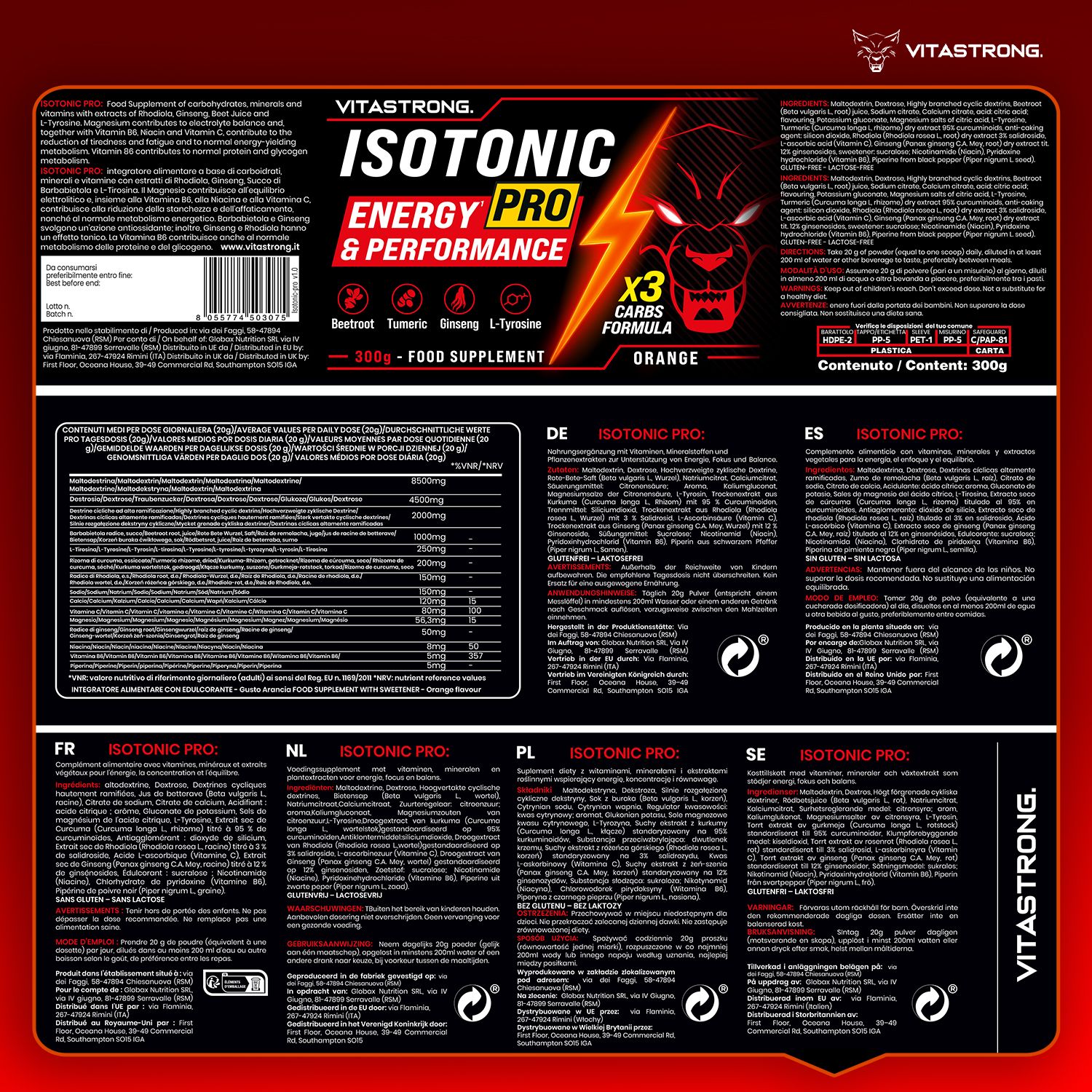 Rückseite der Dose Vitastrong Isotonic PRO. Text: Inhaltsstoffe, Nährwertangaben, Gebrauchsanweisung. Mehrere Sprachen.