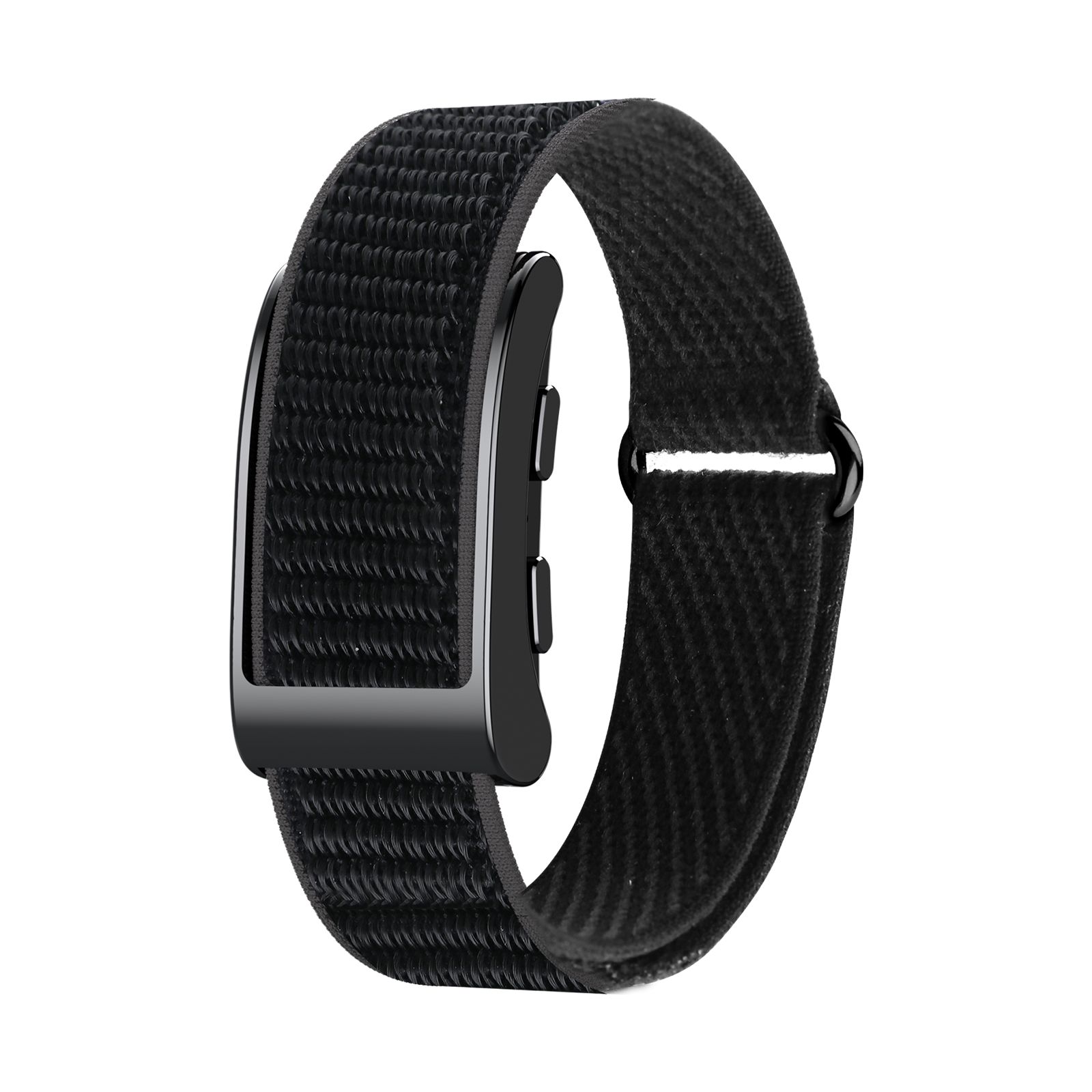 Schwarzes Textilarmband mit schwarzer Metallschnalle, seitliche Ansicht.