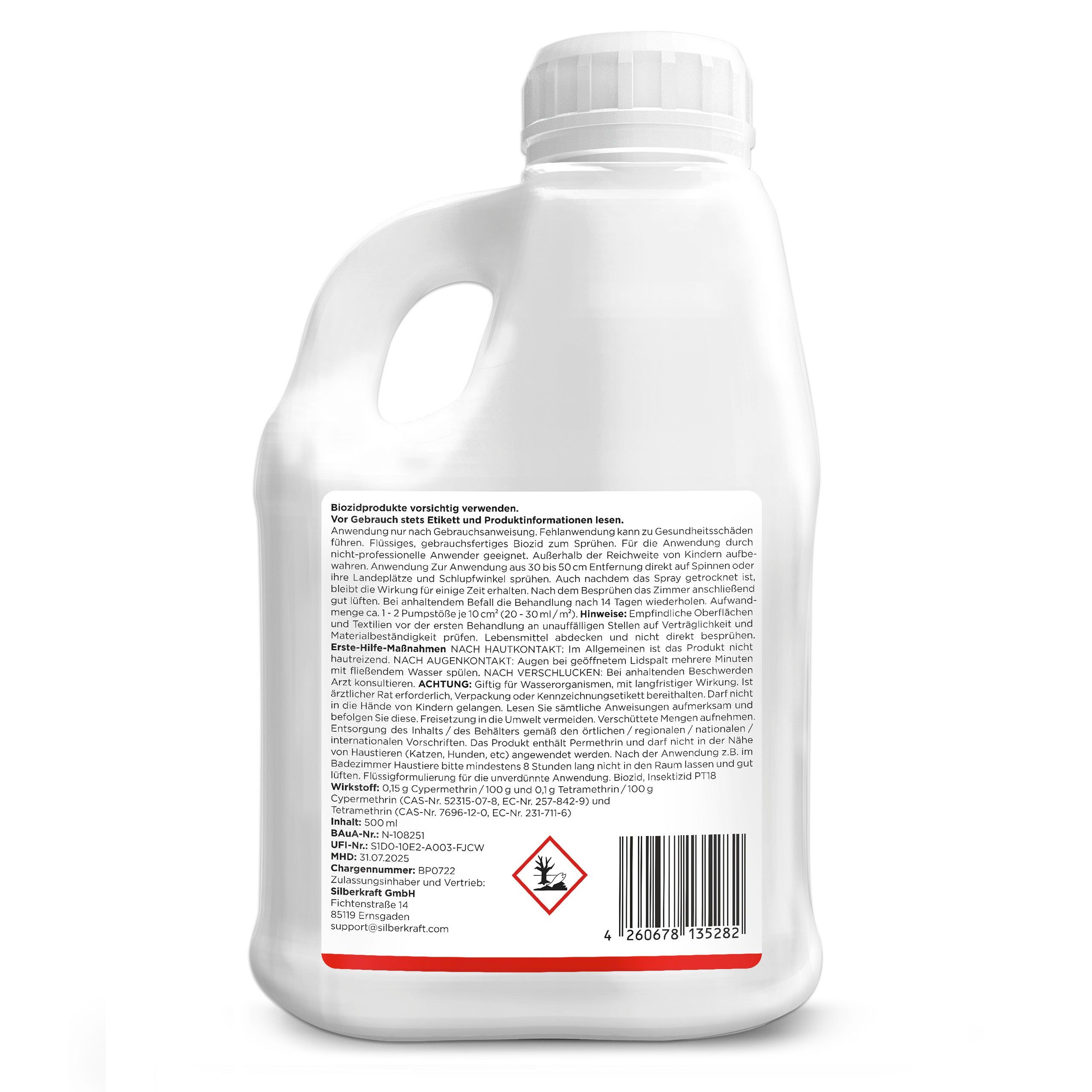 Rückseite einer weißen Flasche. Text und Piktogramme. Warnhinweise und Informationen zur Anwendung. Logo "Bug Power".