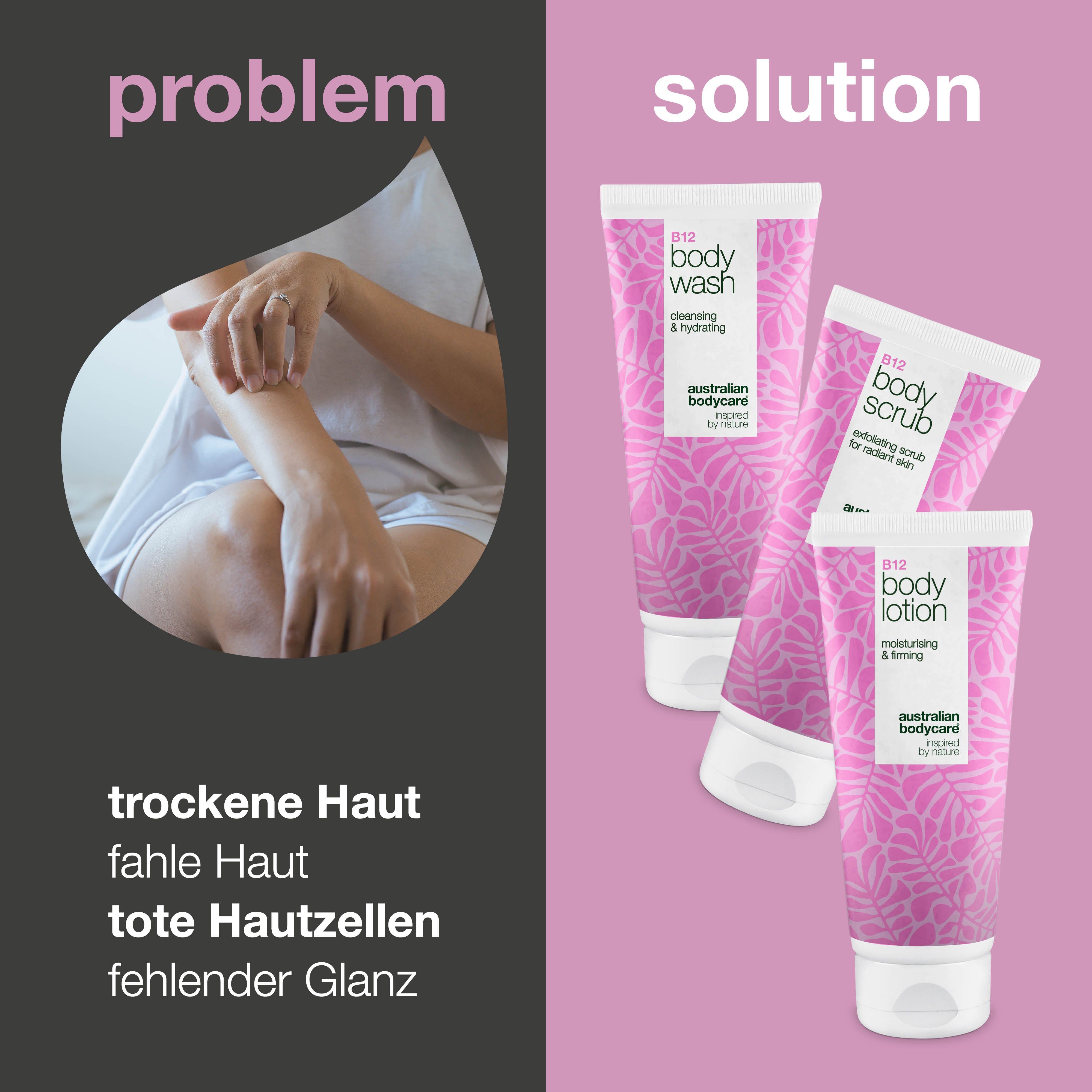 Problem: trockene Haut. Lösung: Australian Bodycare B12 Produkte. Body Wash, Scrub, Lotion. Rosa Design.