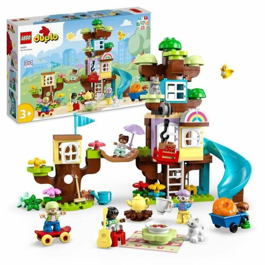 LEGO Duplo 3-in-1-Baumhaus-Set. Baumhaus mit Rutsche, Figuren und Zubehör. Verpackung im Hintergrund.