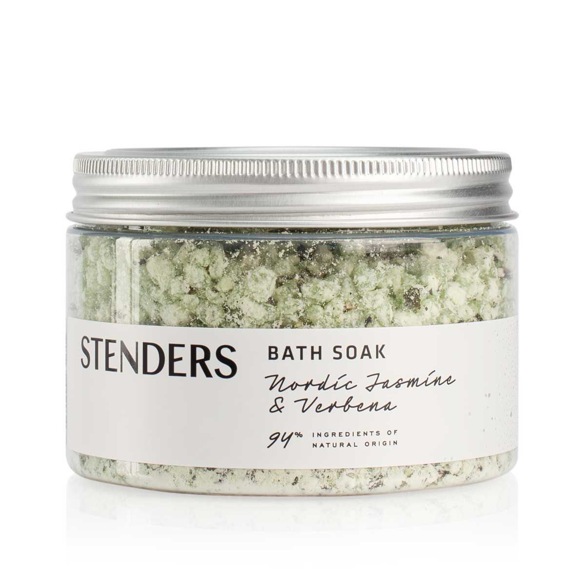 Glas mit Badezusatz. Etikett mit "STENDERS", "BATH SOAK", "Nordic Jasmine & Verbena". Deckel aus Metall. Inhalt grünlich.
