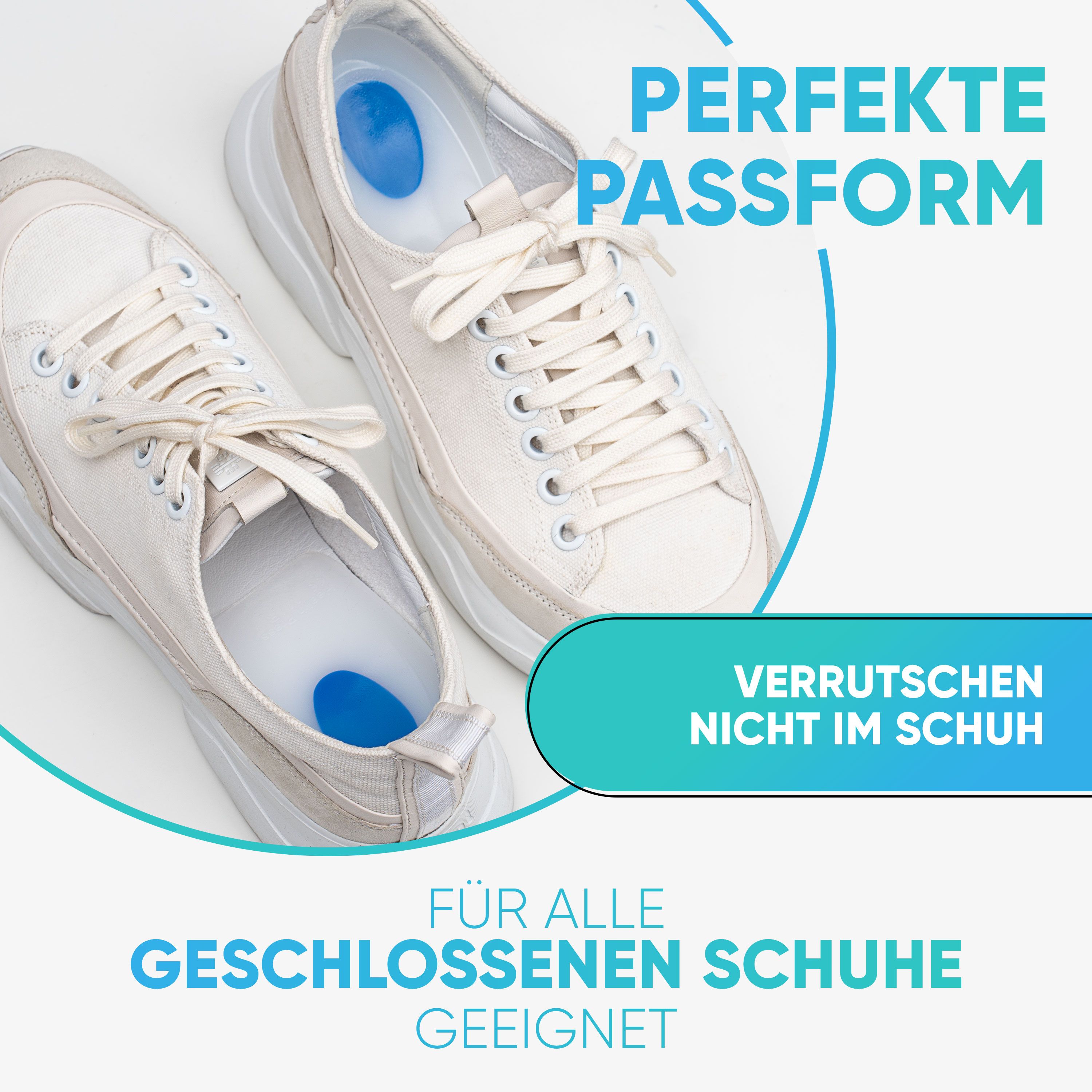 Zwei Schuhe mit Fersenpolstern. Die Polster sind weiß mit blauen Einsätzen. Der Text beschreibt die Passform und Eignung für geschlossene Schuhe.