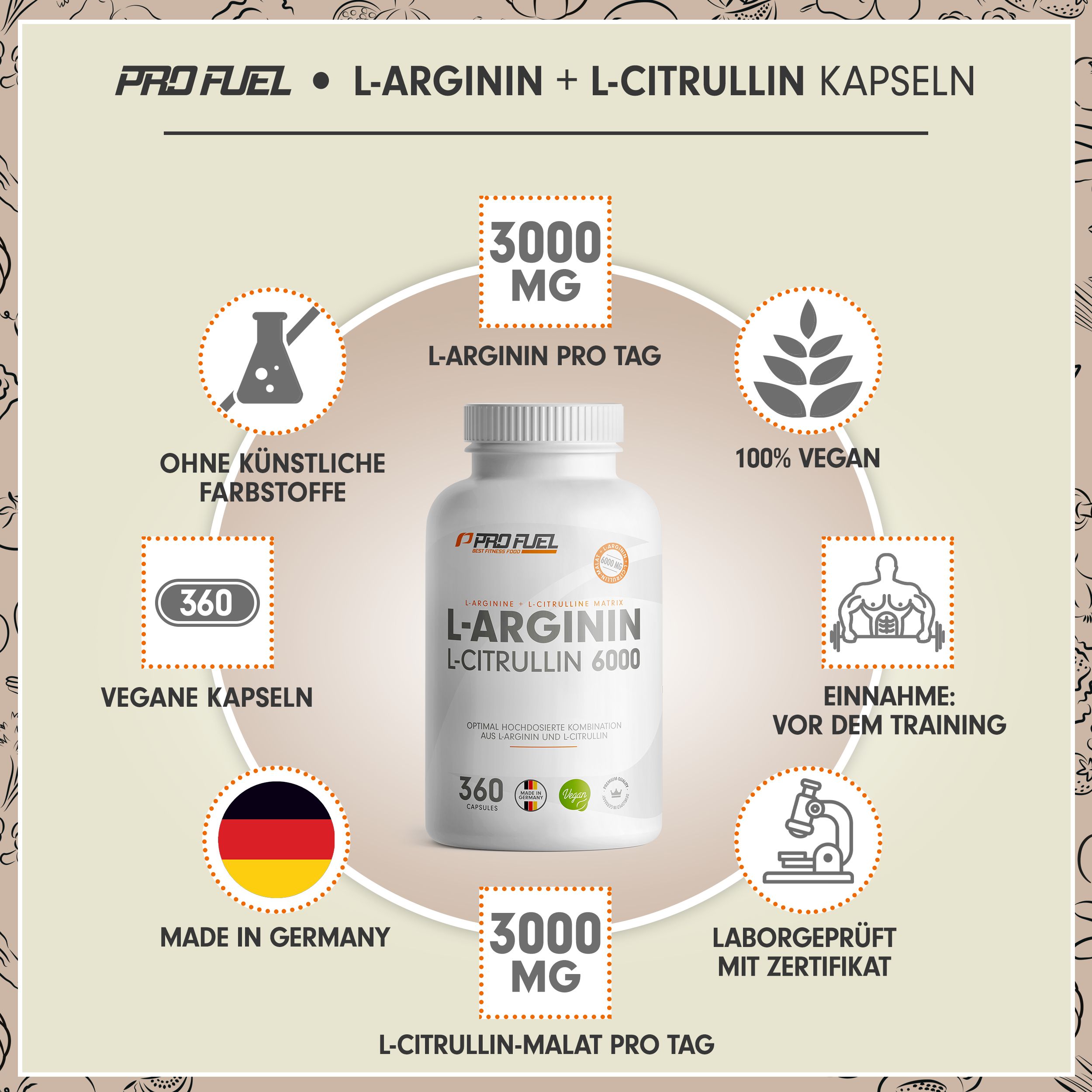 Weiße Flasche mit Kapseln. Aufschrift: L-Arginin + L-Citrullin 6000. 360 Kapseln. Vegan. Hergestellt in Deutschland. 3000 mg L-Arginin pro Tag.