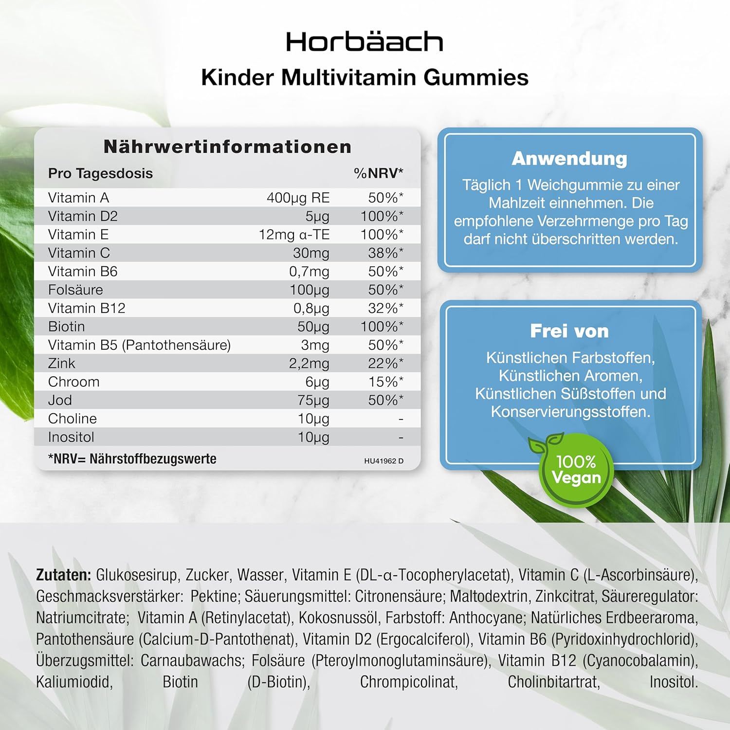 Nährwerttabelle und Anwendungshinweise für Horbäach Kinder Multivitamin Gummies. 100% vegan.