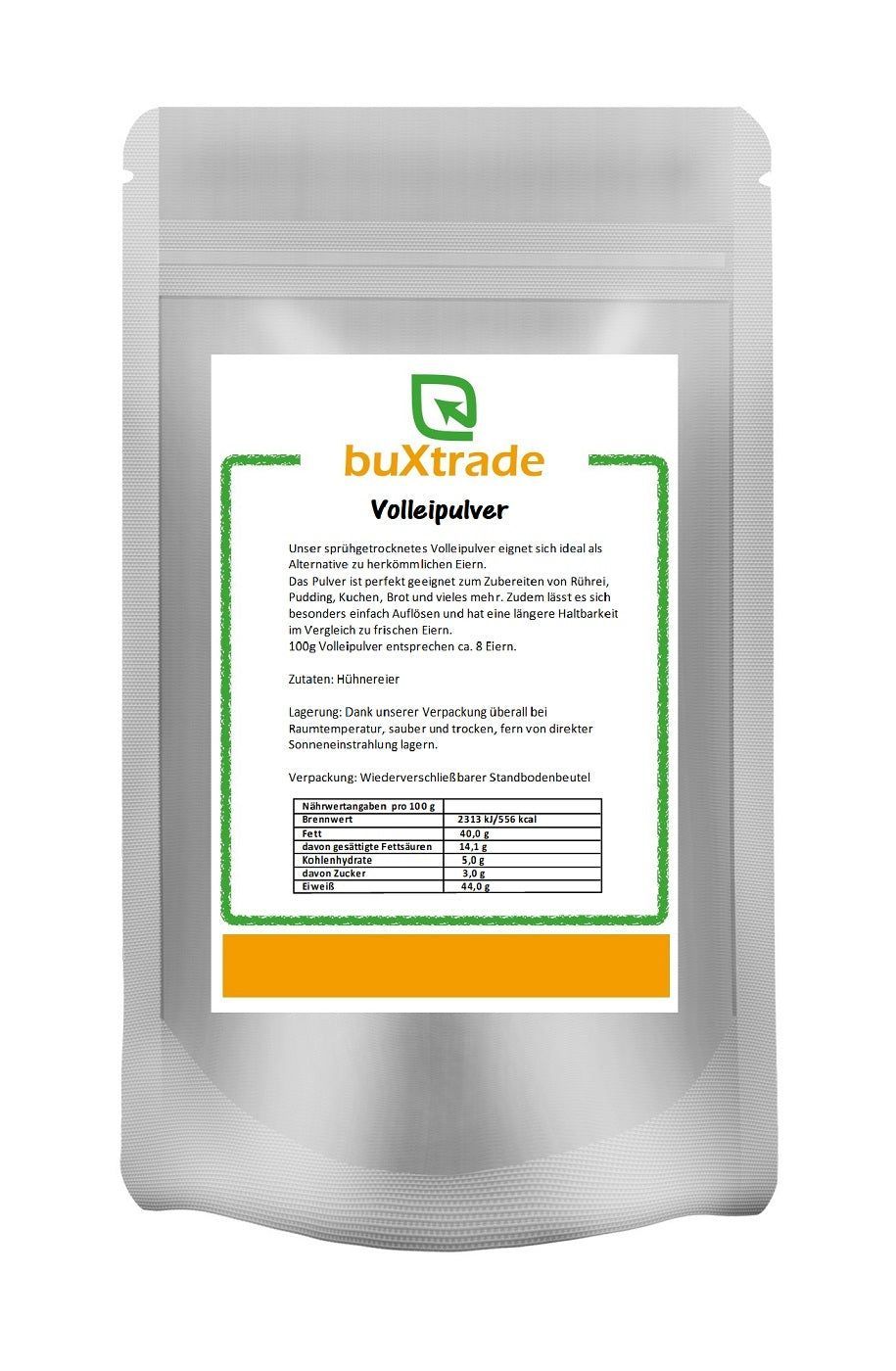 Beutel mit Produktinformationen. Text: buXtrade Volleipulver, Nährwertangaben.