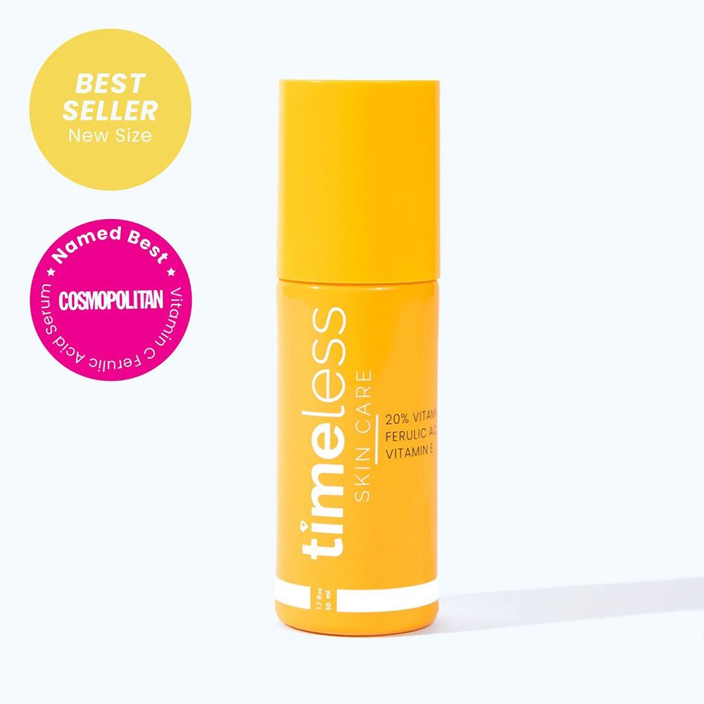 Gelbe Flasche mit weißem Etikett. Aufschrift: timeless skin care. Enthält 20% Vitamin C, Ferulic Acid, Vitamin E. Mit Auszeichnungen.