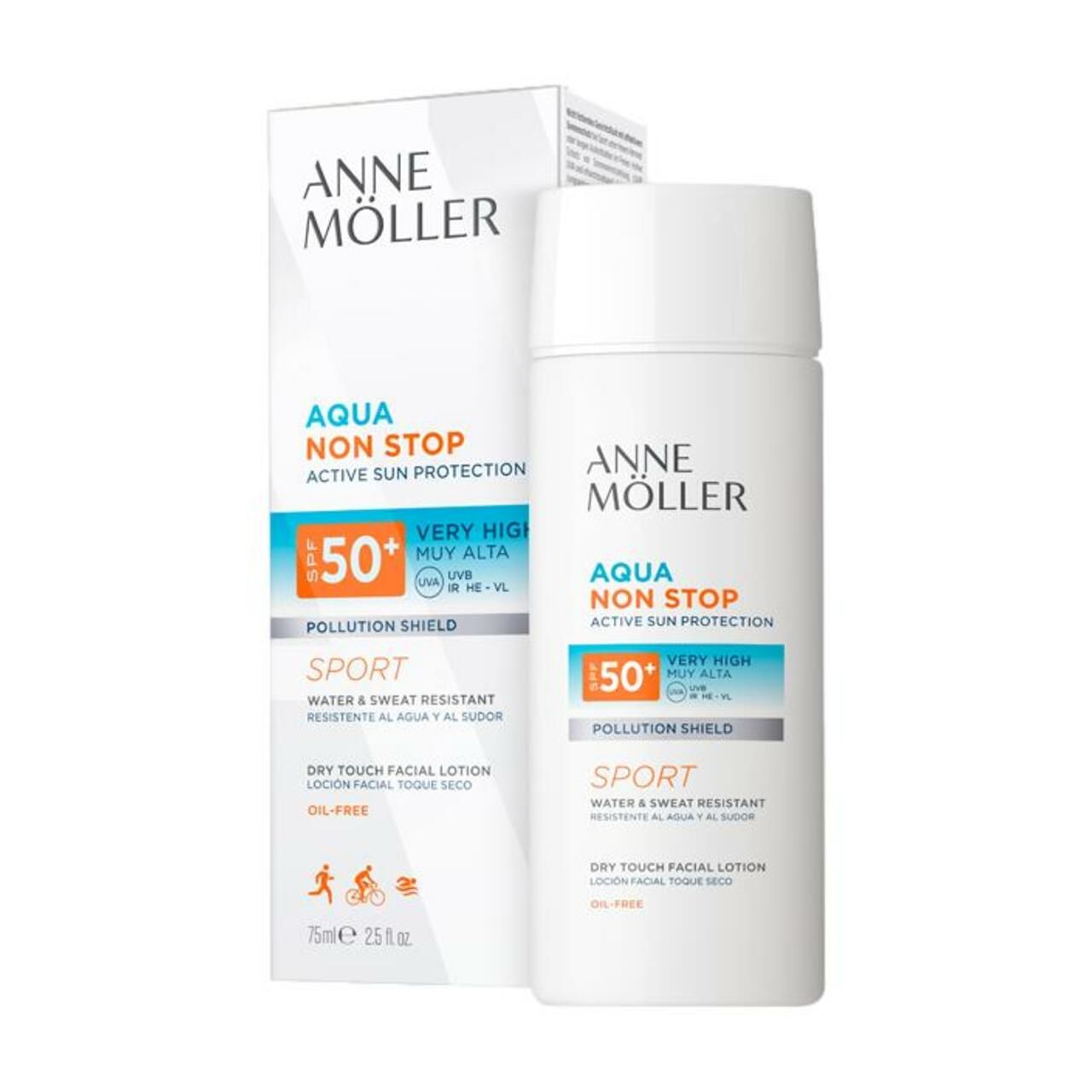 Weiße Flasche und Verpackung mit Produktnamen und SPF50-Kennzeichnung. Text: Aqua Non Stop, Sport, Dry Touch Facial Lotion.