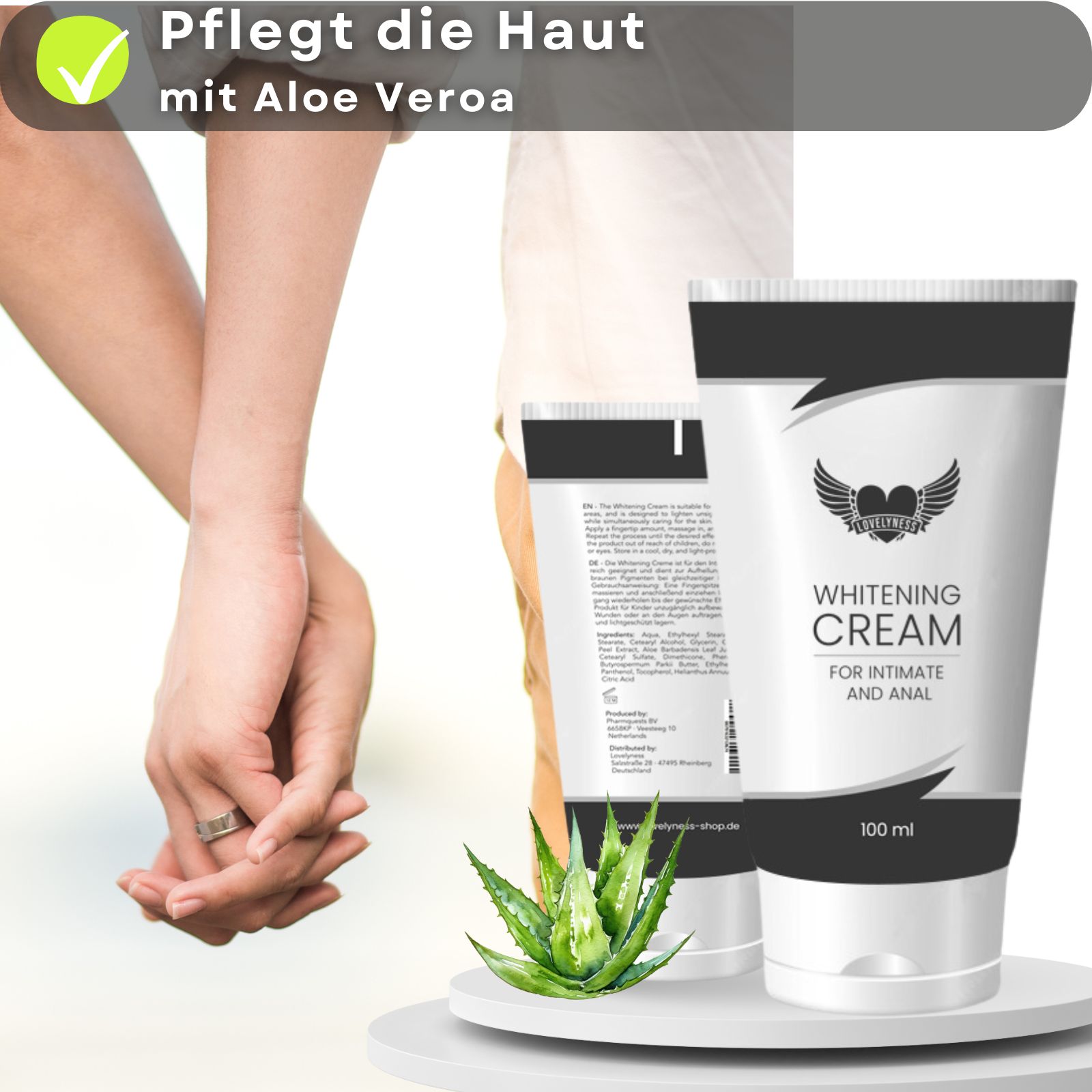 Creme-Tube mit Text. Enthält Text: Whitening Cream. Für Intim- und Analbereich. Mit Logo. 100 ml. Abbildung eines Paares.