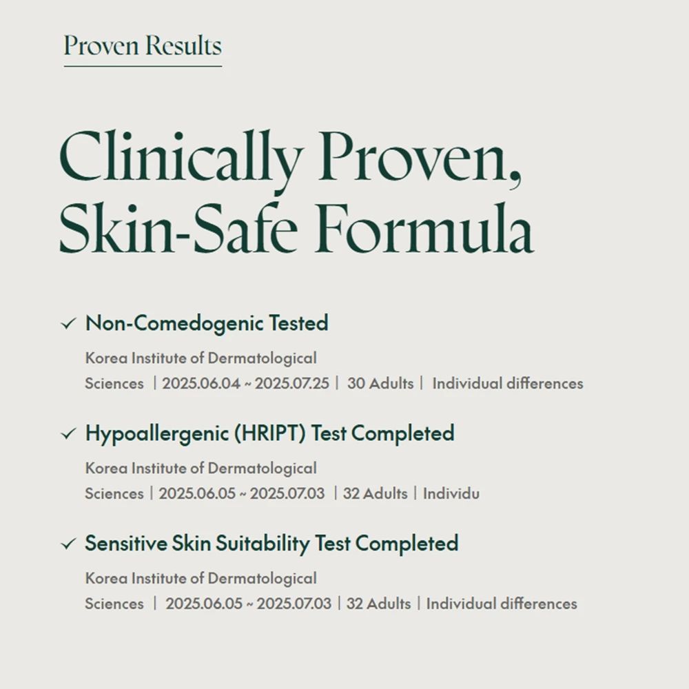 Text: Clinically Proven, Skin-Safe Formula. Tests: Non-Comedogenic, Hypoallergenic, Sensitive Skin Suitability.