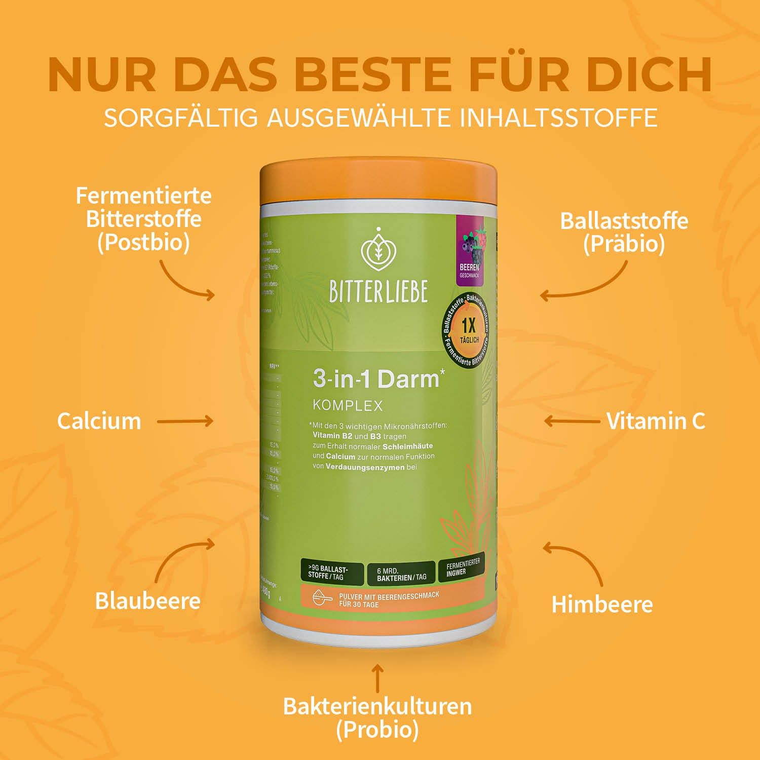 BitterLiebe - 3-in-1 Darm* Komplex - Darmkur Pulver mit 9g Ballaststoffen & Darmbakterien