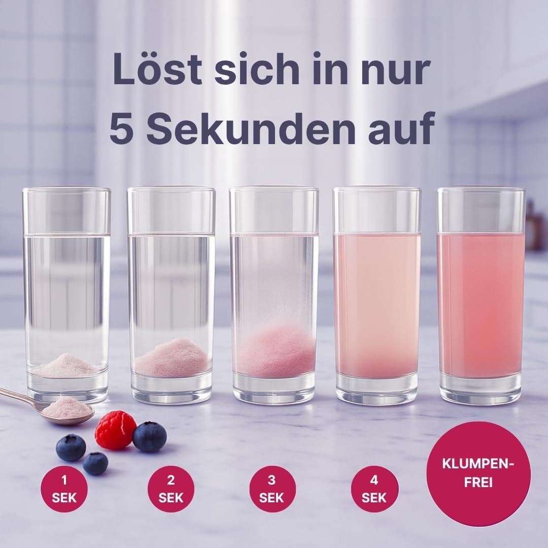 Fünf Gläser zeigen, wie Kollagenpulver in 5 Sekunden klumpenfrei löst.