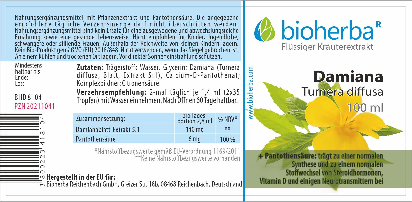 Bioherba Damiana Tinktur, 100 ml Flasche. Etikett mit Inhaltsstoffen und Nährwertangaben. Text: Damiana, Turnera diffusa.