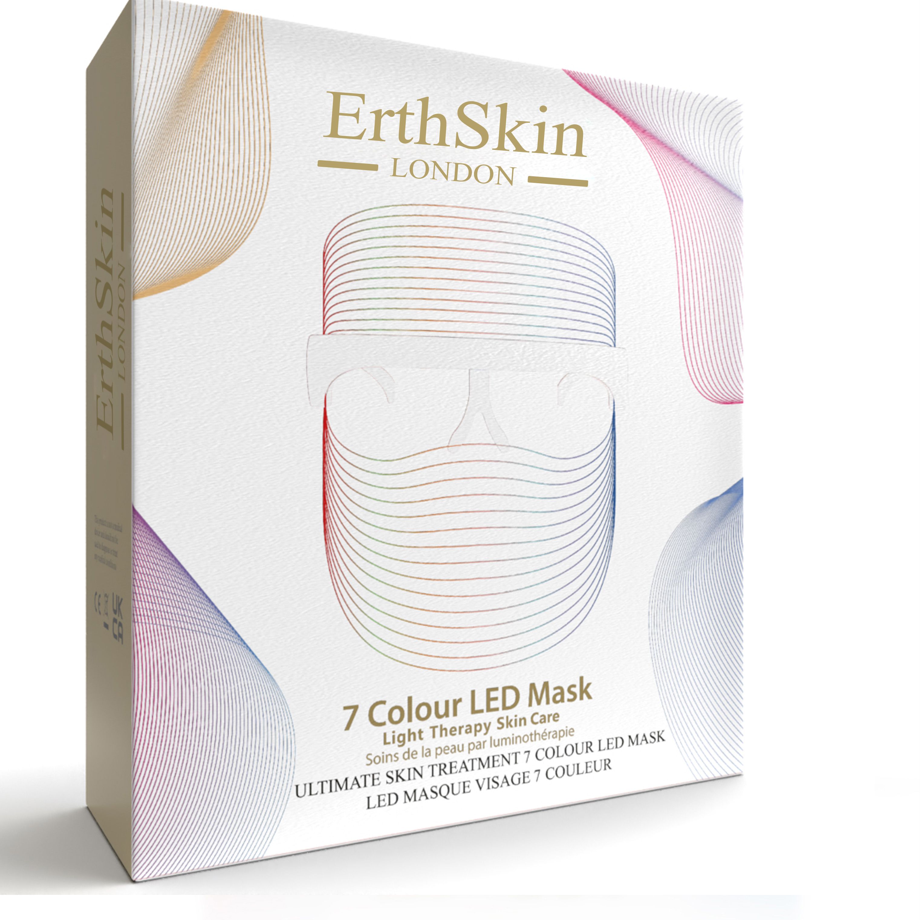 Verpackung mit LED-Maske. Aufschrift: ErthSkin London, 7 Colour LED Mask. Maske in Perspektive dargestellt.