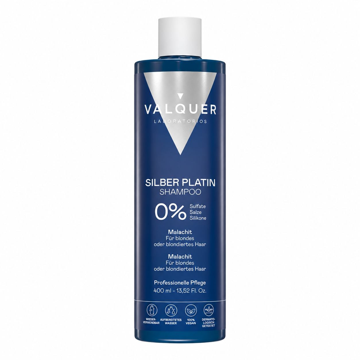 Eine blaue Flasche Valquer Silver Platinum Shampoo steht frontal. Der Flaschenhals ist weiß, der Körper blau mit silbernem Etikett.