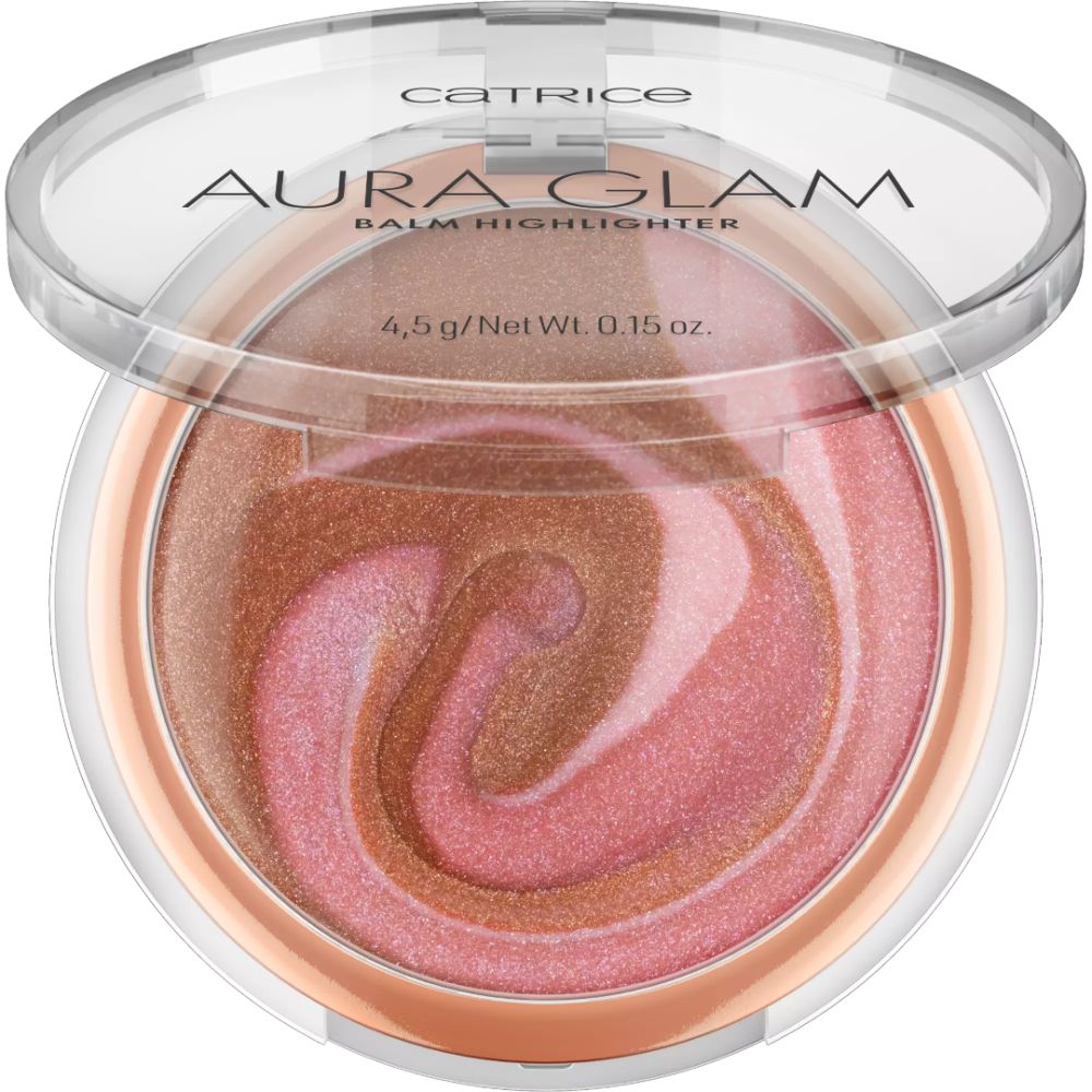 Runder Highlighter in transparenter Dose, Deckel geöffnet. Farbverlauf von Rosa zu Bronze. Aufschrift: Catrice, Aura Glam, Balm Highlighter.