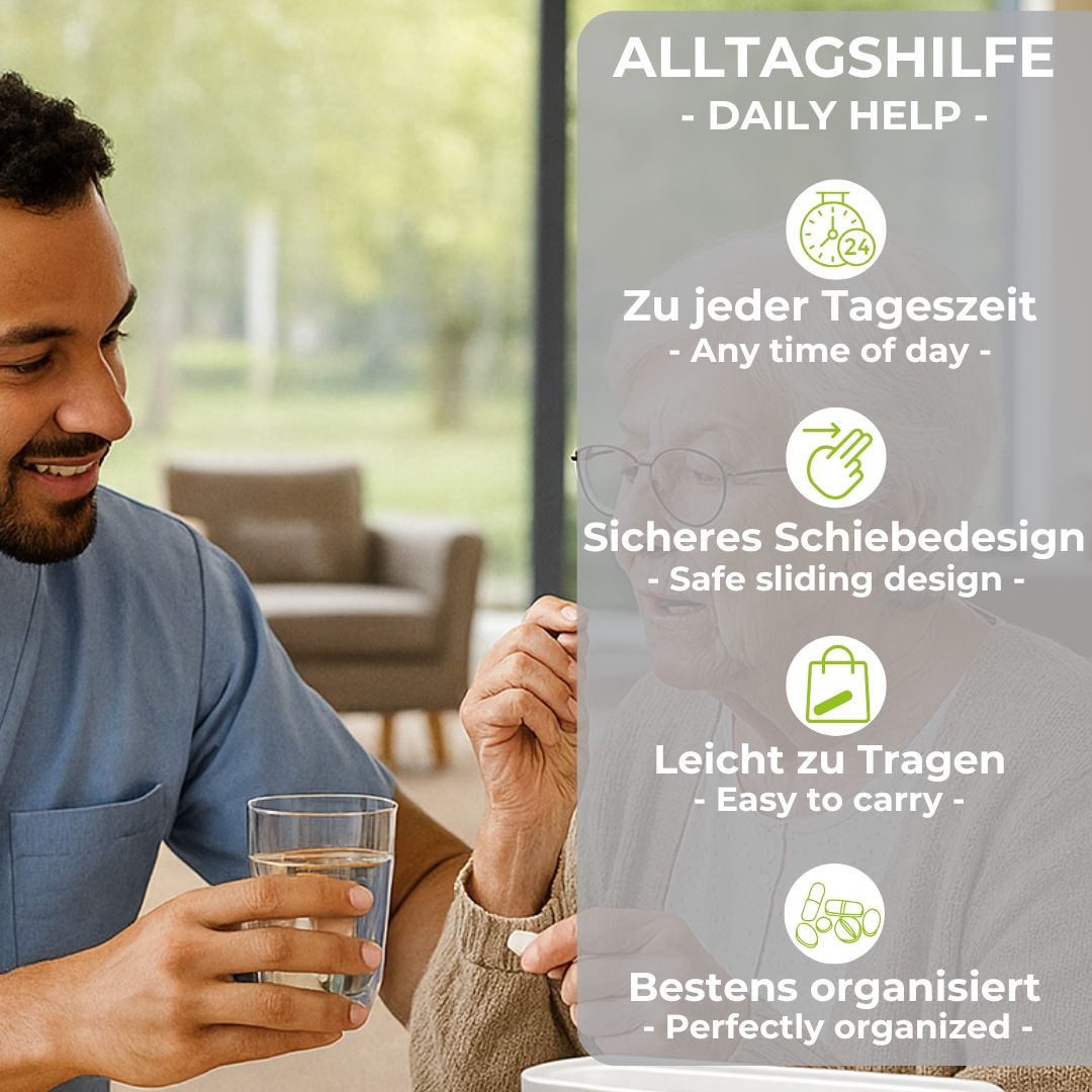 Person zeigt Medikamentendosierer. Text: Alltagshilfe, zu jeder Tageszeit, sicheres Schiebedesign, leicht zu tragen.