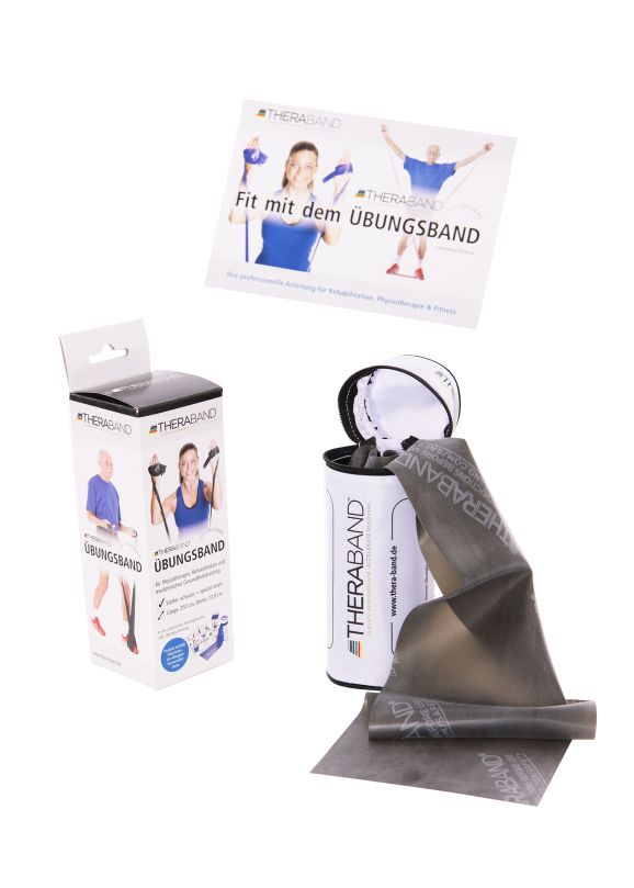 Theraband Übungsband, grau, aus der Verpackung. Aufdruck: THERABAND. Inklusive Broschüre und Verpackung.