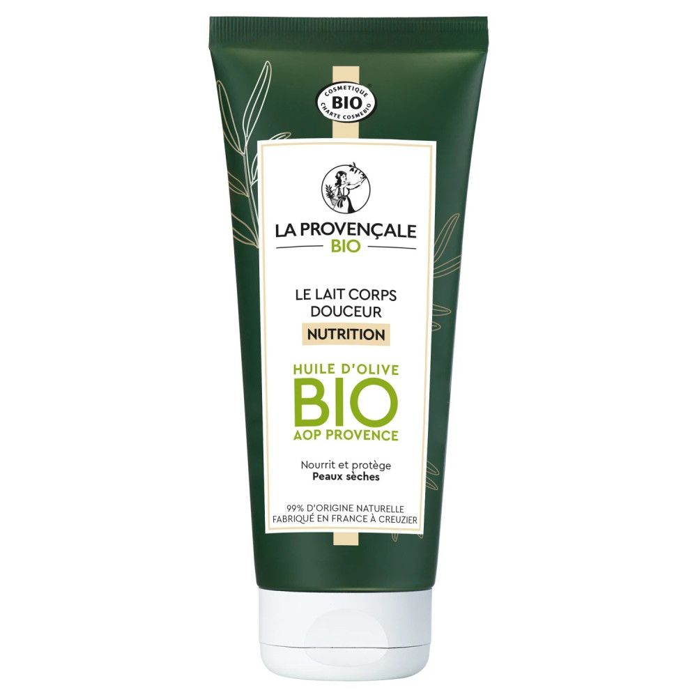 Grüne Tube mit weißem Deckel. Aufschrift: La Provençale Bio, Le Lait Corps Douceur Nutrition, Bio-Olivenöl. Bio-Siegel.