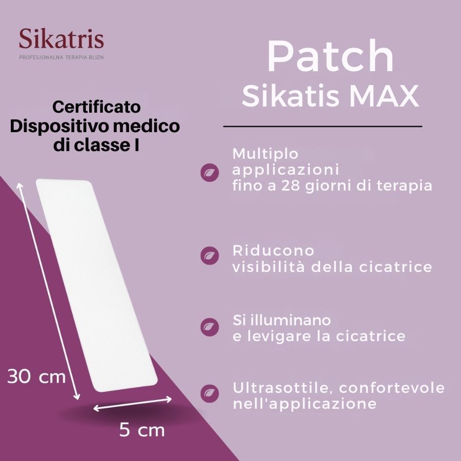 Weißes, rechteckiges Pflaster mit abgerundeten Ecken. Aufschrift: Certificato Dispositivo medico di classe I. Maße: 30 cm x 5 cm.