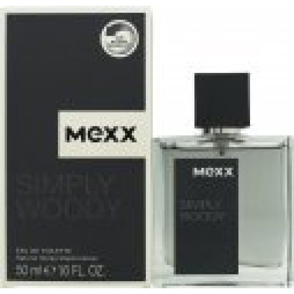 Mexx Simply Woody Eau de Toilette. Flakon und Verpackung. Schwarzer Deckel, rechteckiger Flakon. Schwarze Verpackung mit weißem Logo.