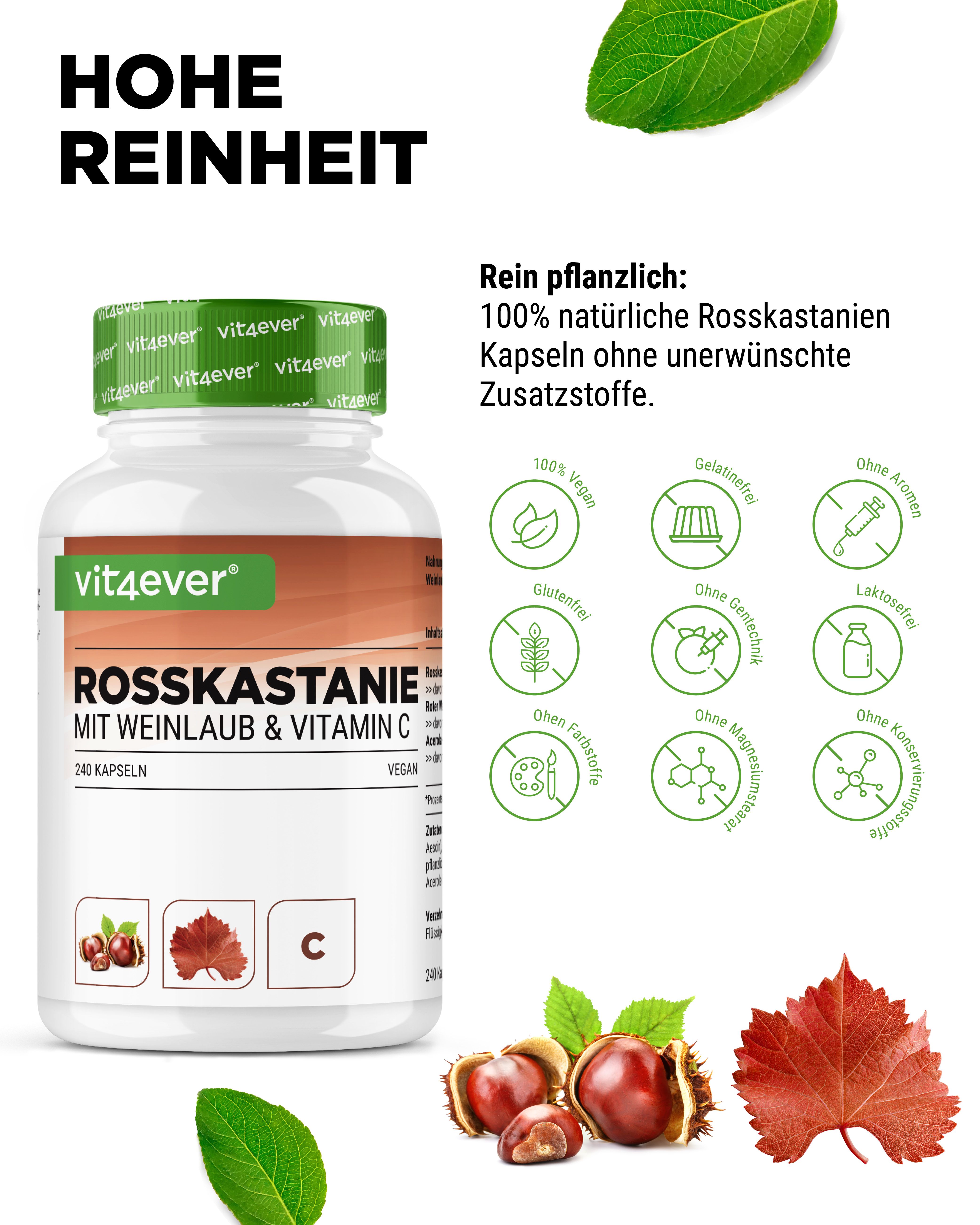 Weißes Pillenbehälter mit grünem Deckel. Aufschrift: Rosskastanie mit Weinlaub & Vitamin C. 240 Kapseln. Illustrationen von Rosskastanien und Blättern.