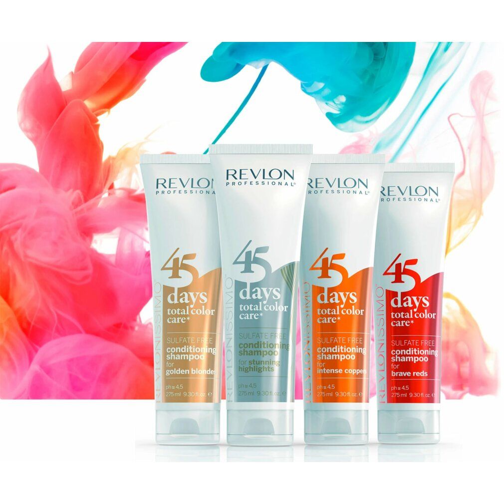 Vier Tuben, verschiedene Farben. Enthält '45 days total color care' und 'Sulfate free conditioning shampoo'. Verschiedene Farbtöne.