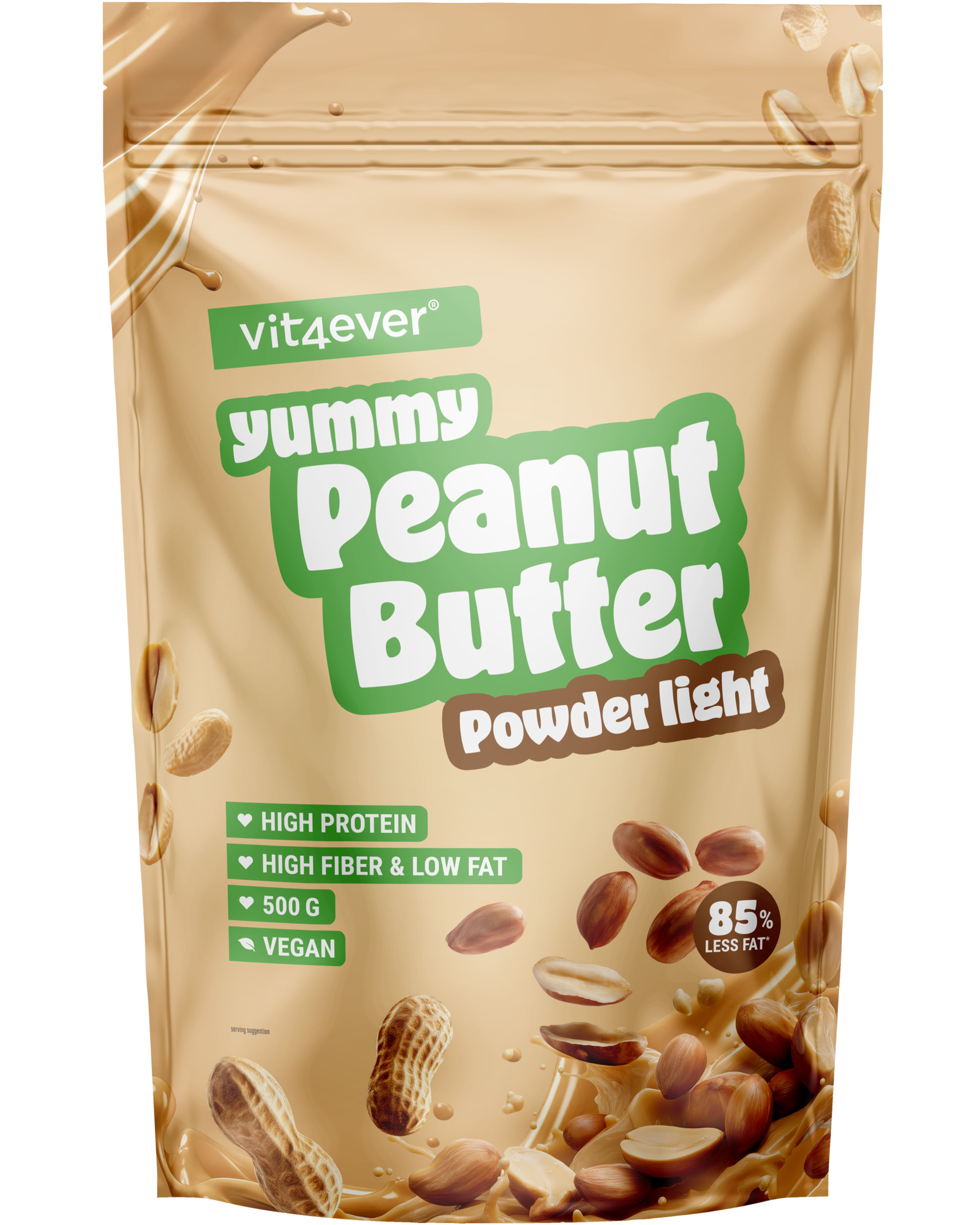 Beutel mit vit4ever Yummy Peanut Butter - Light Powder. Grün-weiße Schrift. Enthält High Protein, High Fiber & Low Fat, 500g, Vegan.