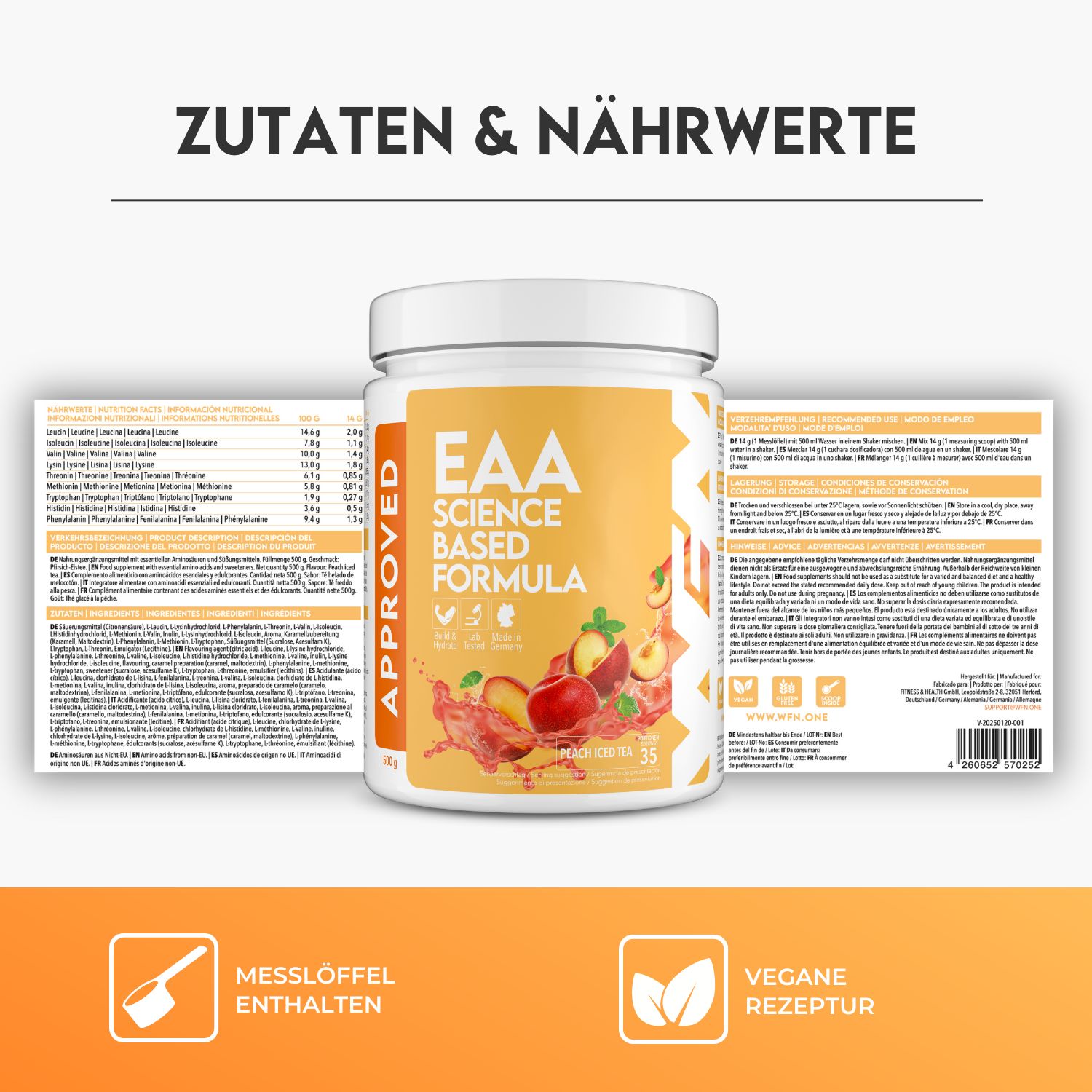Produktglas mit gelbem Etikett. Aufschrift: EAA Science Based Formula. Abbildung von Pfirsichen. Logo: WFN Approved. Zwei Tabellen mit Nährwertangaben.