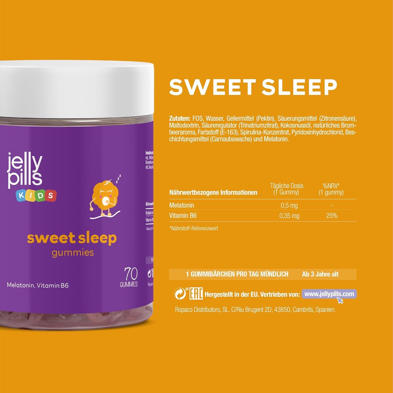 Dose mit lila Etikett. Aufschrift: Jelly Pills Kids Sweet Sleep Gummies. 70 Gummies. Nährwertangaben. Website-Adresse.
