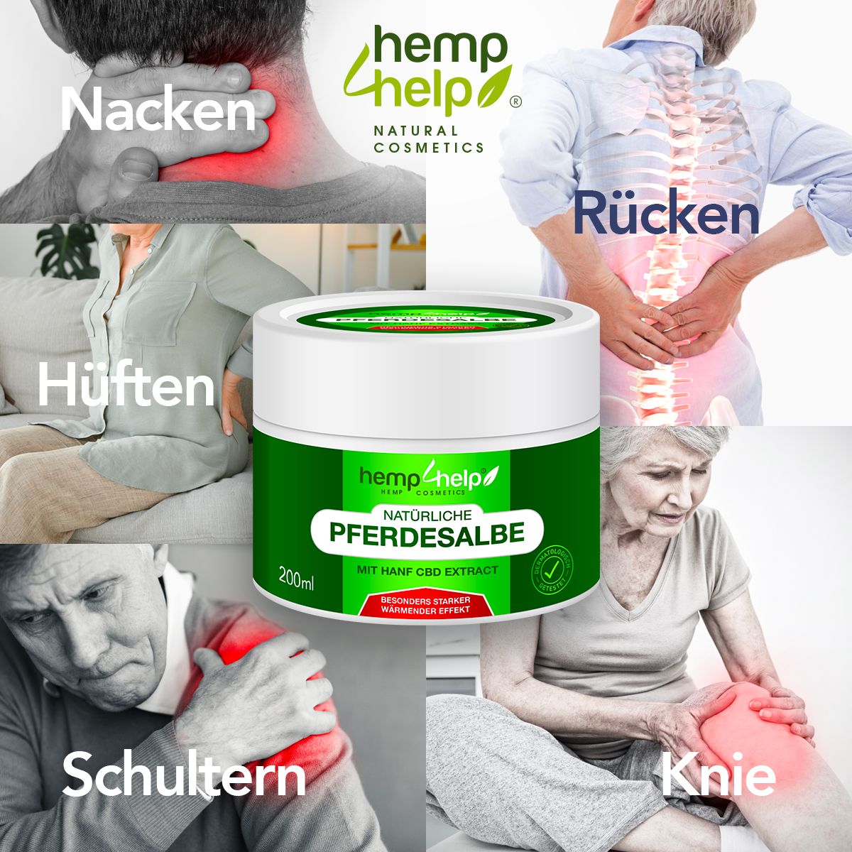 Produkt neben Bildern von Körperteilen mit Schmerzen. Weißes Tiegel mit grünem Etikett. Text: NATÜRLICHE PFERDESALBE, 200ml. Logo: hemp4help.