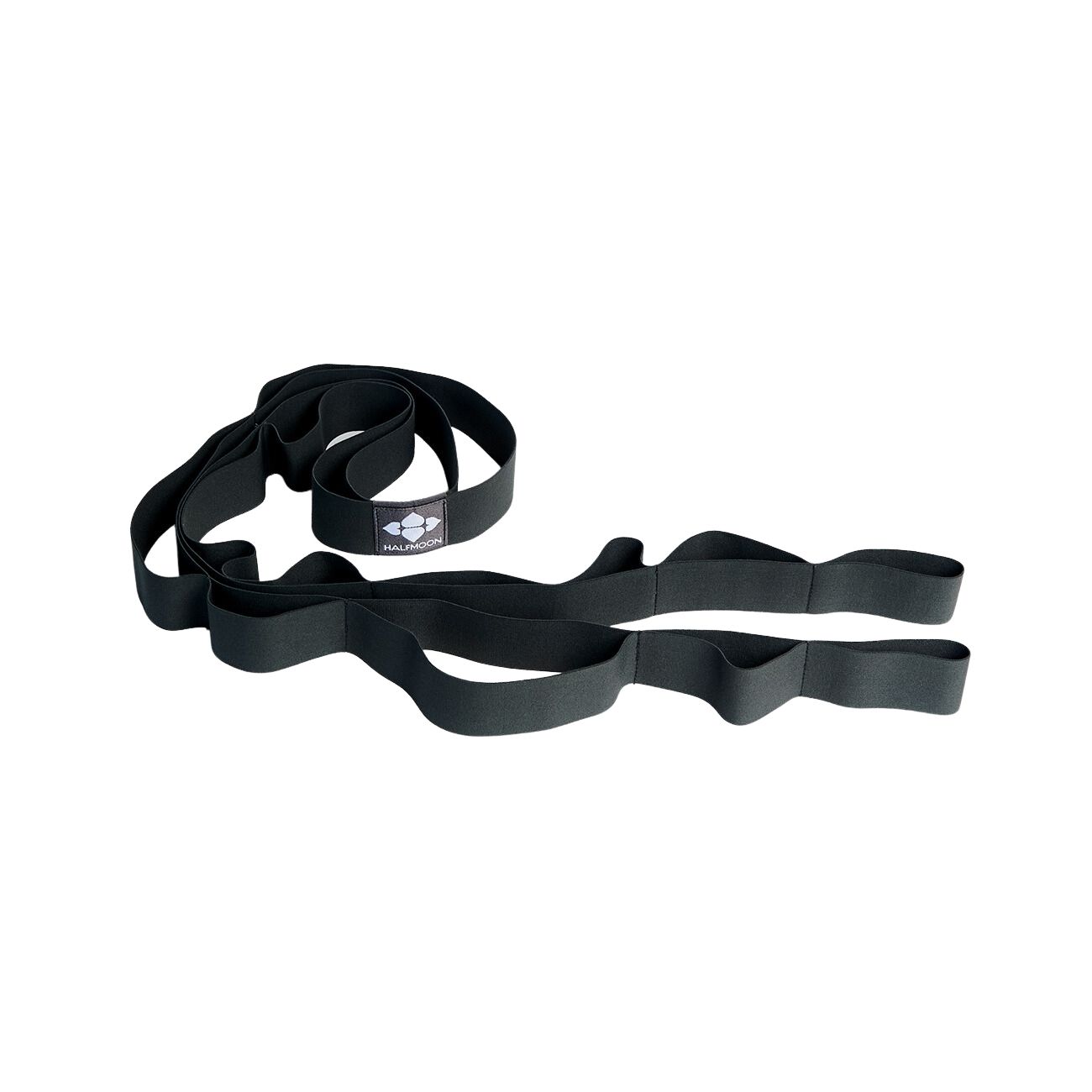 Schwarzes Essential Alignment Band. Mehrere Schlaufen, mit Logo. Liegt auf weißem Hintergrund.