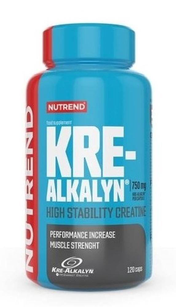 Blaue Flasche mit rotem Etikett. Enthält Kapseln. Aufschrift: Nutrend Kre-Alkalyn, 750mg, High Stability Creatine, 120 Kapseln.
