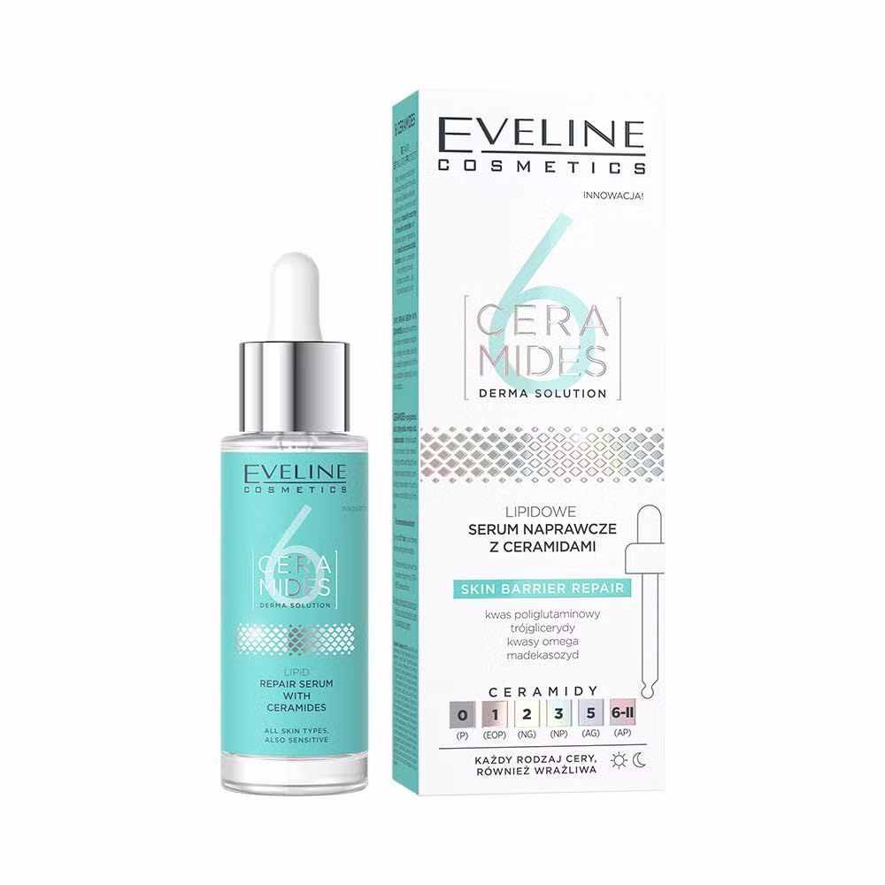 Serumflasche und Verpackung. Aufschrift: Eveline Cosmetics, 6 Ceramides Derma Solution. Enthält Ceramiden. Für alle Hauttypen.