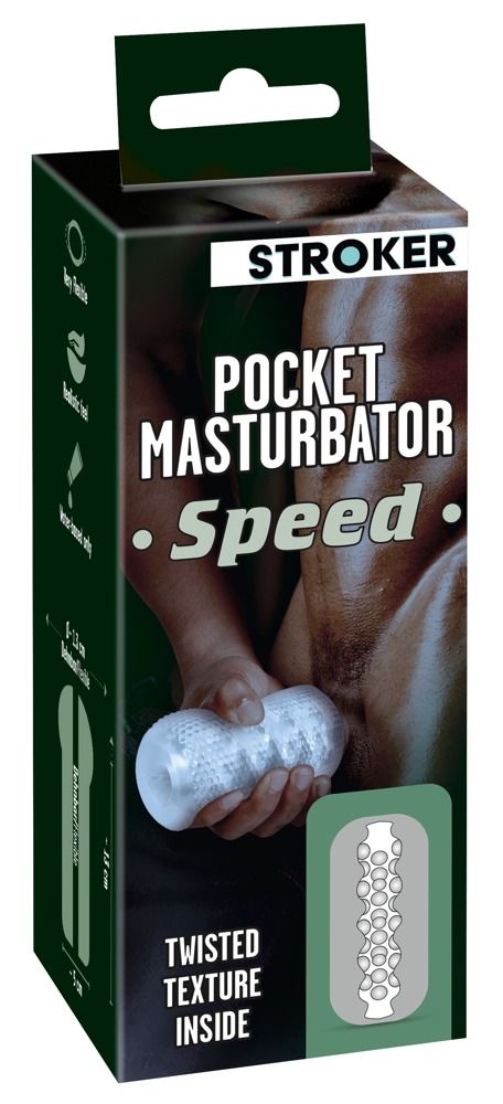 Produktverpackung mit Produktabbildung und Text: STROKER, POCKET MASTURBATOR Speed.