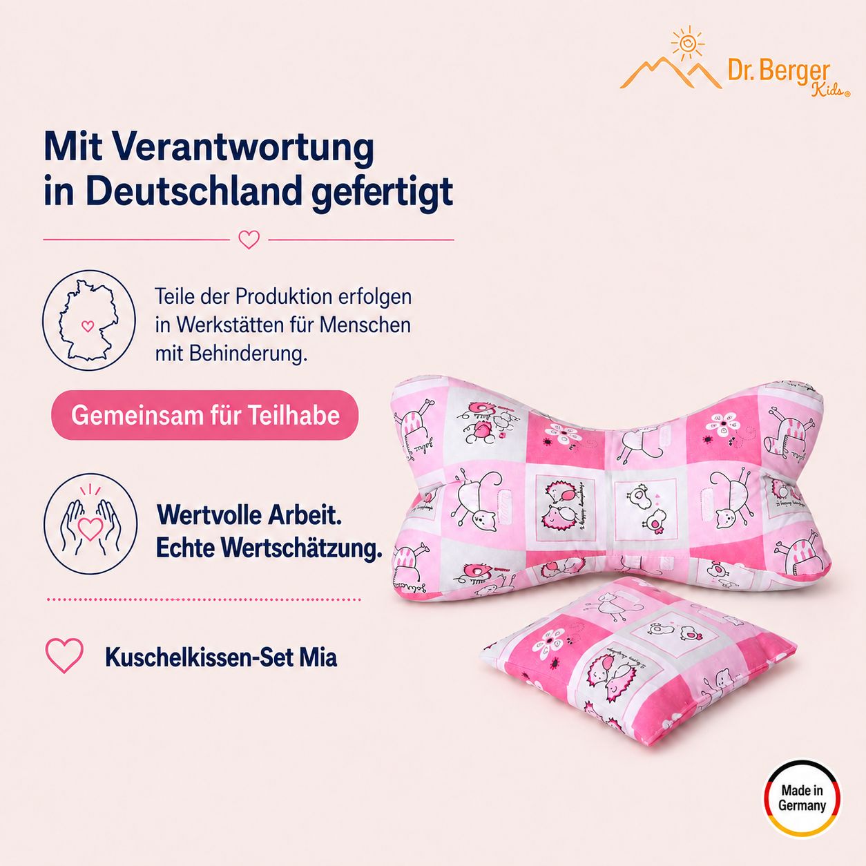 Kuschelkissen-Set Mia: Leseknochen und Kirschkernkissen, gefertigt in Deutschland, mit rosa Tiermotiv.