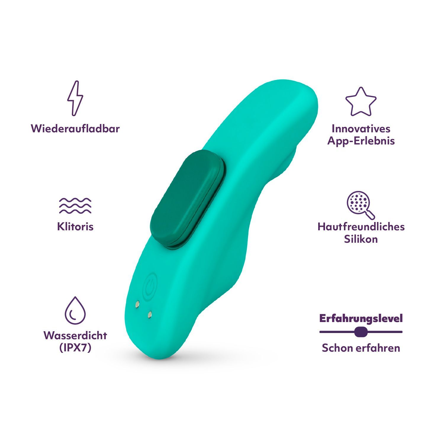 Türkisfarbenes Wellness-Produkt mit grüner Taste. Beschriftungen: wiederaufladbar, Klit, wasserdicht (IPX7), App-Erlebnis, hautfreundliches Silikon.