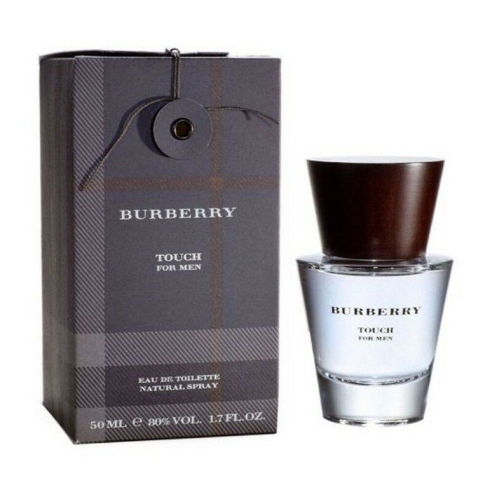 Burberry Touch Eau de Toilette Spray mit Box. Flakon und Box nebeneinander. Aufschrift: Burberry Touch, For Men, Eau de Toilette.