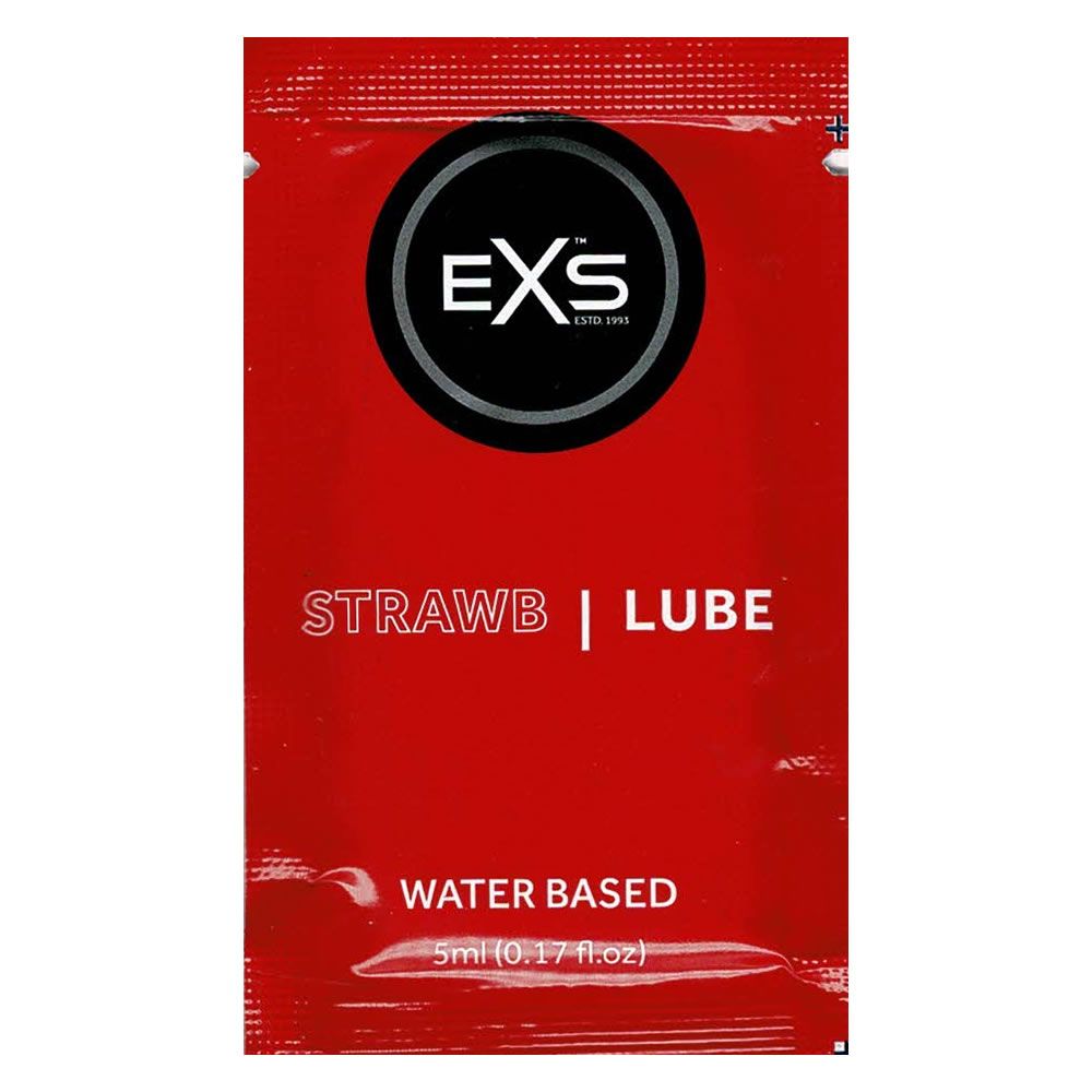 Rote Einzelverpackung mit schwarzem Kreis und weißem "EXS"-Logo. Text: STRAWB | LUBE, WATER BASED. Unten: 5ml (0.17 fl.oz).
