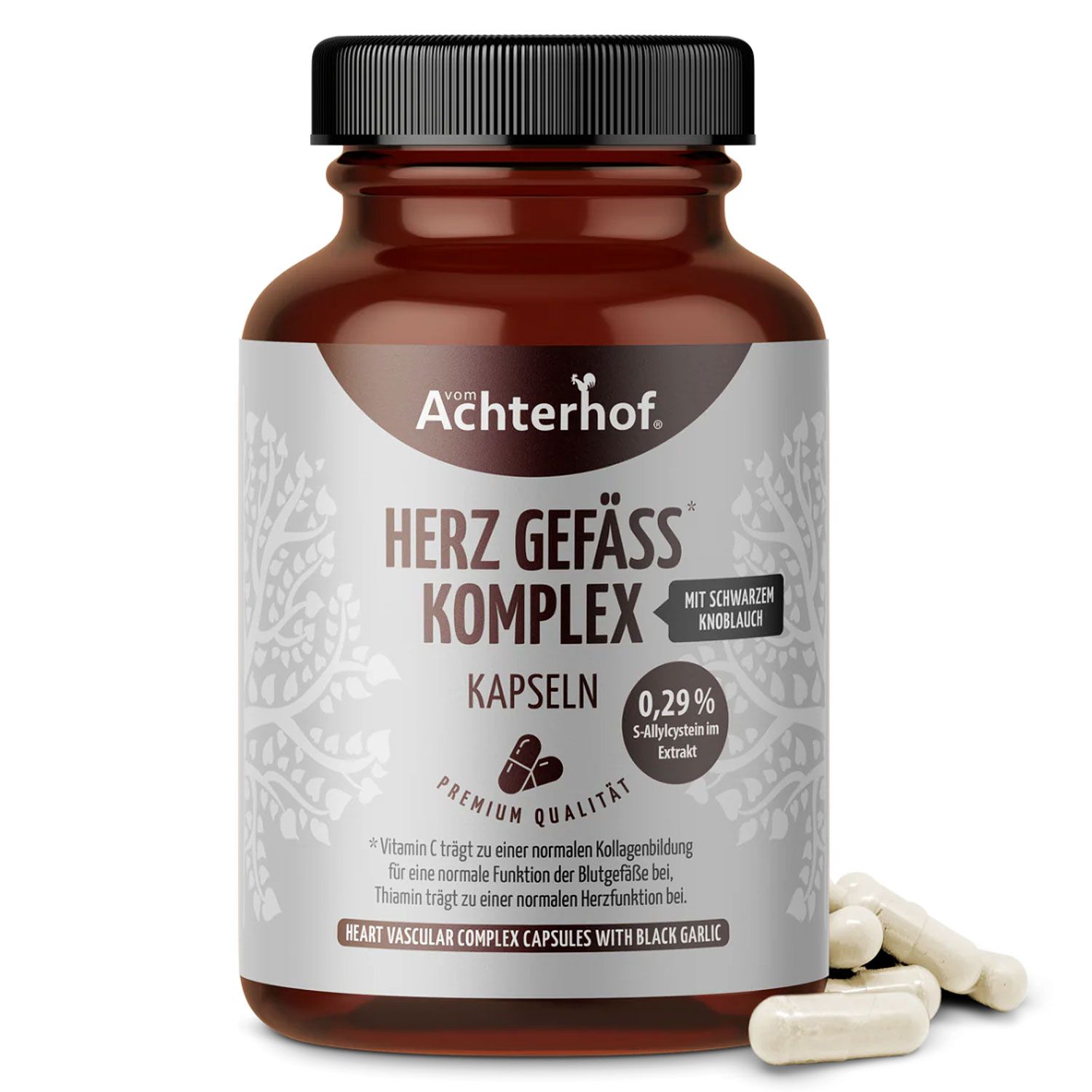 Braune Flasche mit schwarzen Deckel. Aufschrift: Herz Gefäss Komplex Kapseln. Einige Kapseln liegen daneben.