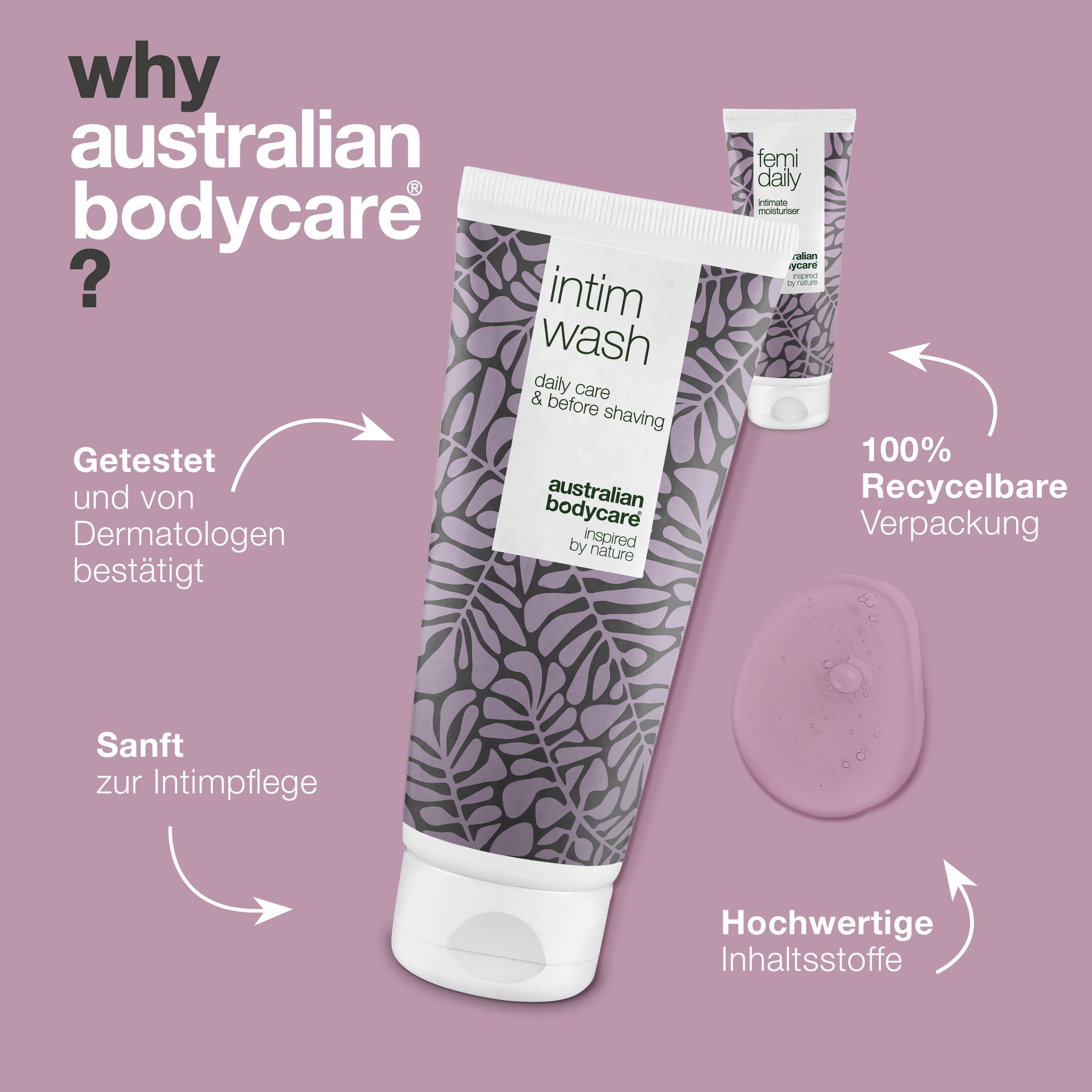 Warum Australian Bodycare? Zwei Tuben: Intim Wash und Femi Daily. Text: Getestet und von Dermatologen bestätigt. 