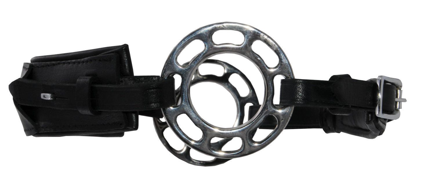 Gebisslose Zäumung mit silbernem Ring und schwarzen Lederriemen.
