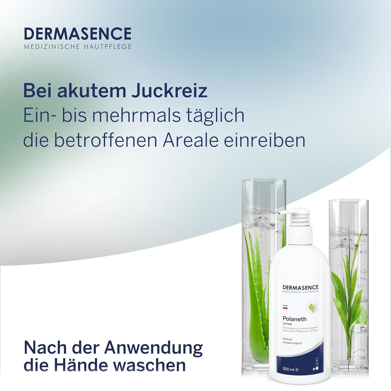 Flaschen DERMASENCE Polaneth und Pflanzen in Glasflaschen. Text: Bei akutem Juckreiz. Ein- bis mehrmals täglich die betroffenen Areale einreiben.