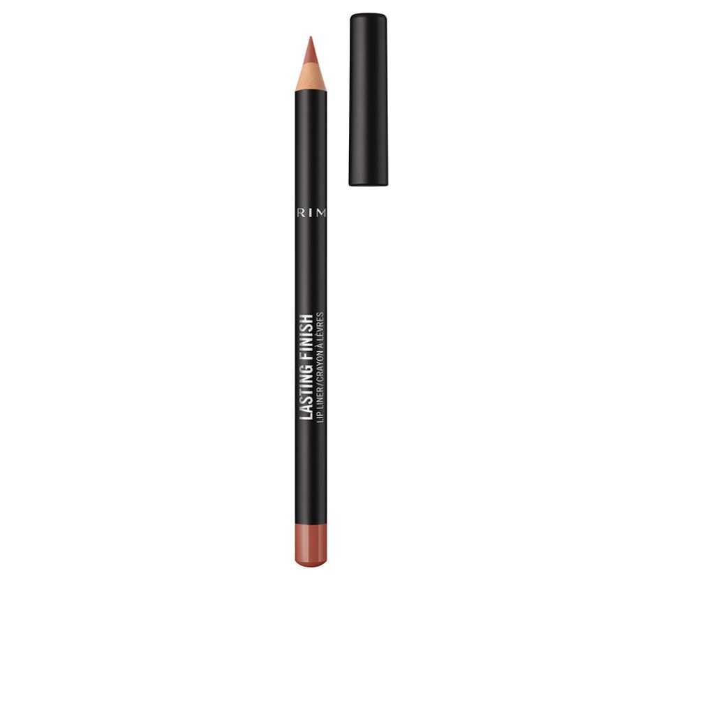 Lipliner Rimmel London Lasting Finish. Schwarzer Stift mit brauner Mine und abgenommener Kappe. Text: Lasting Finish, Lip Liner/Crayon à Lèvres.