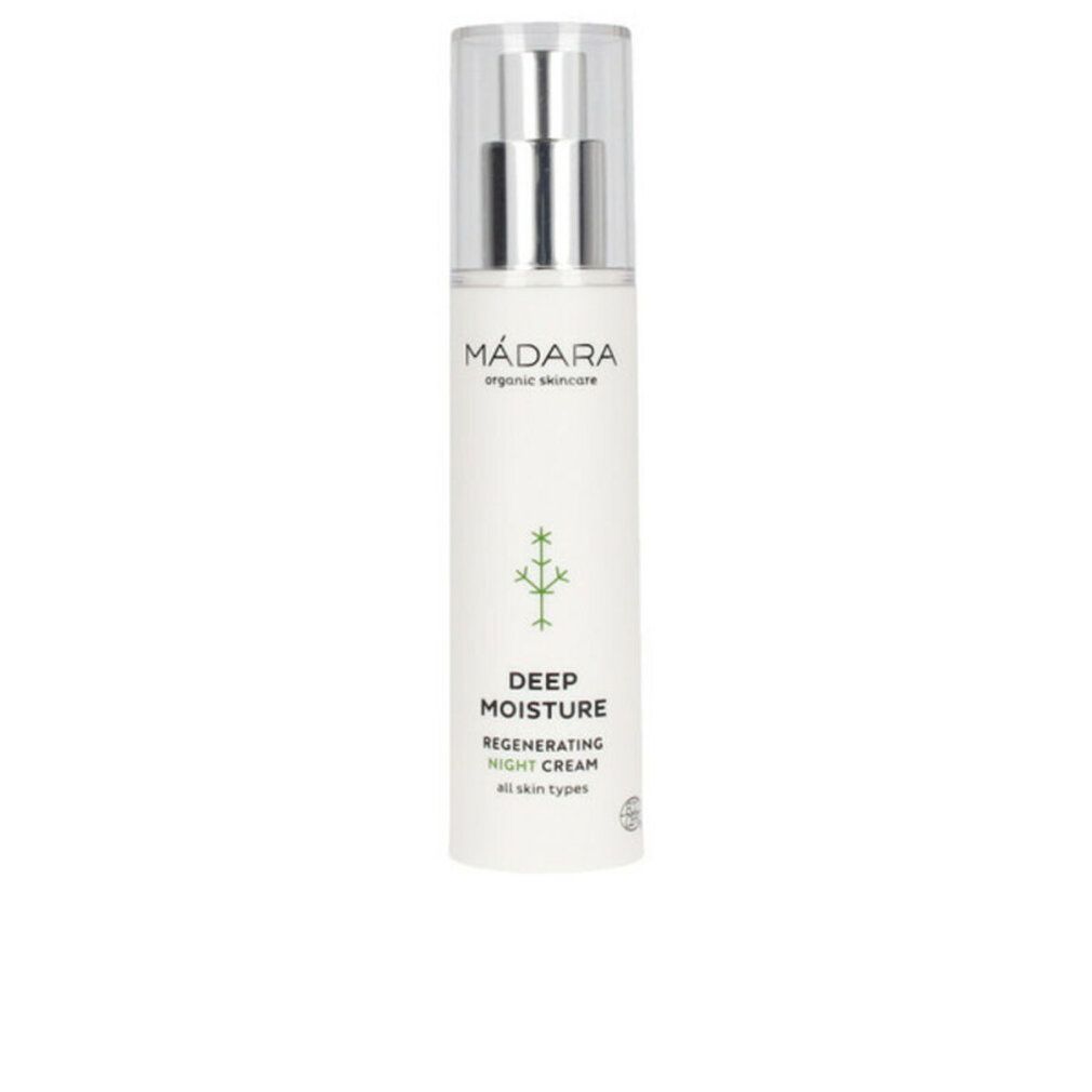Weiße Flasche mit silberner Pumpe. Aufschrift: MÁDARA, Deep Moisture Regenerating Night Cream. Mit CE-Zertifizierung.