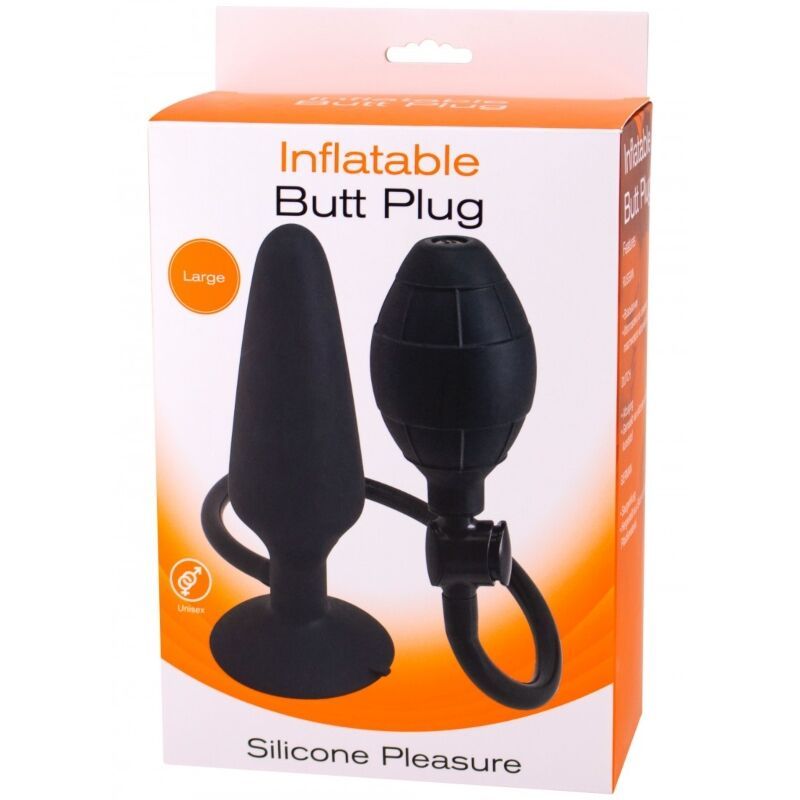 Schwarzer Analplug mit Pumpe, in Verpackung. Aufschrift: Inflatable Butt Plug, Large, Silicone Pleasure.