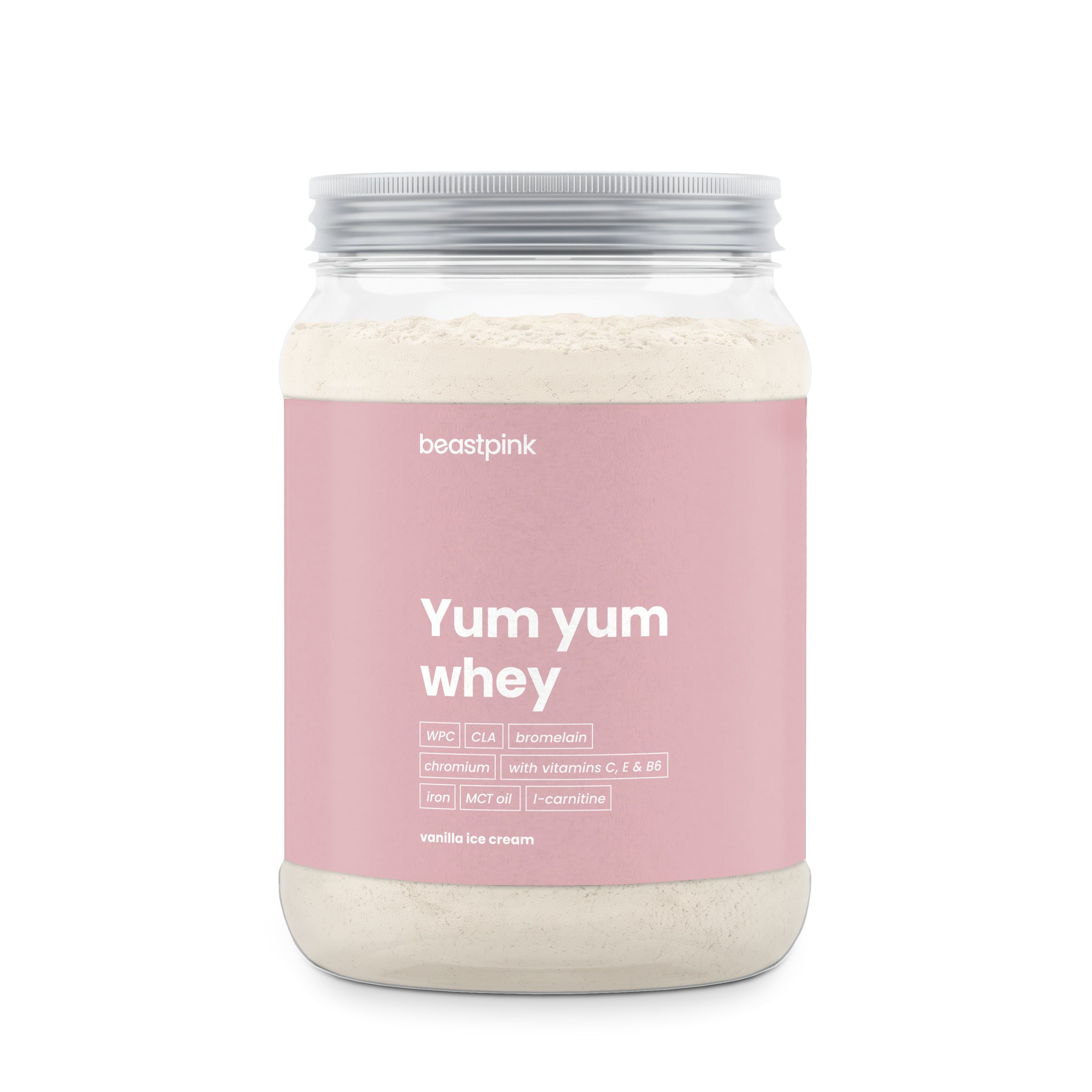 Behälter mit "Yum yum whey" und "vanilla ice cream" Aufschrift. Enthält Molkenpulver.