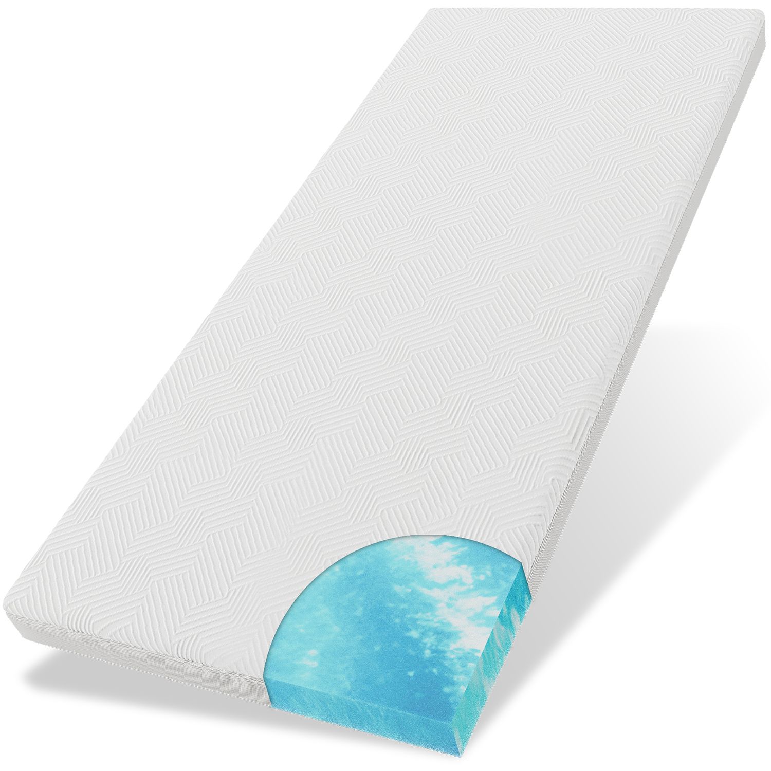 Weißer Topper mit blauer Gel-Schicht. Eckansicht mit diagonalem Muster auf der Oberfläche.