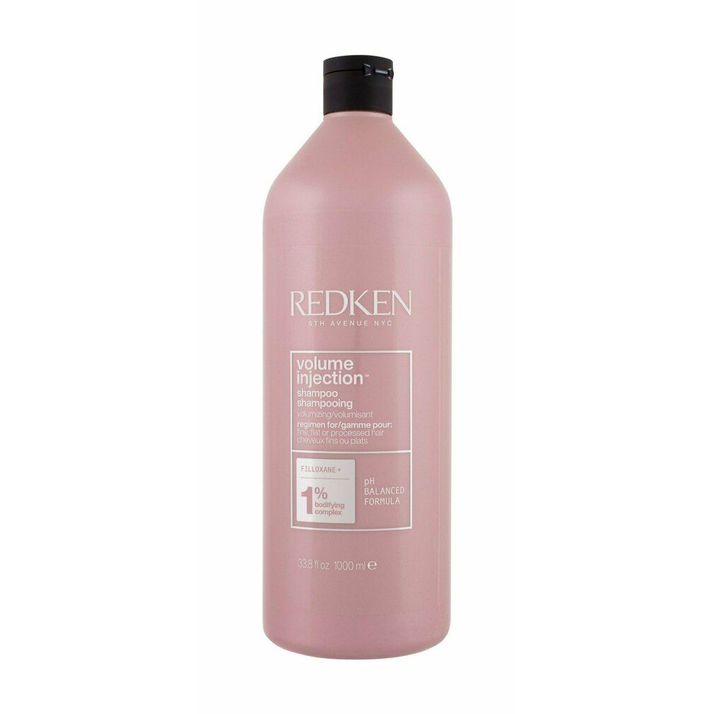 Rosa Shampoo-Flasche mit schwarzem Deckel. Aufschrift: REDKEN, Volume Injection Shampoo. 1000 ml.